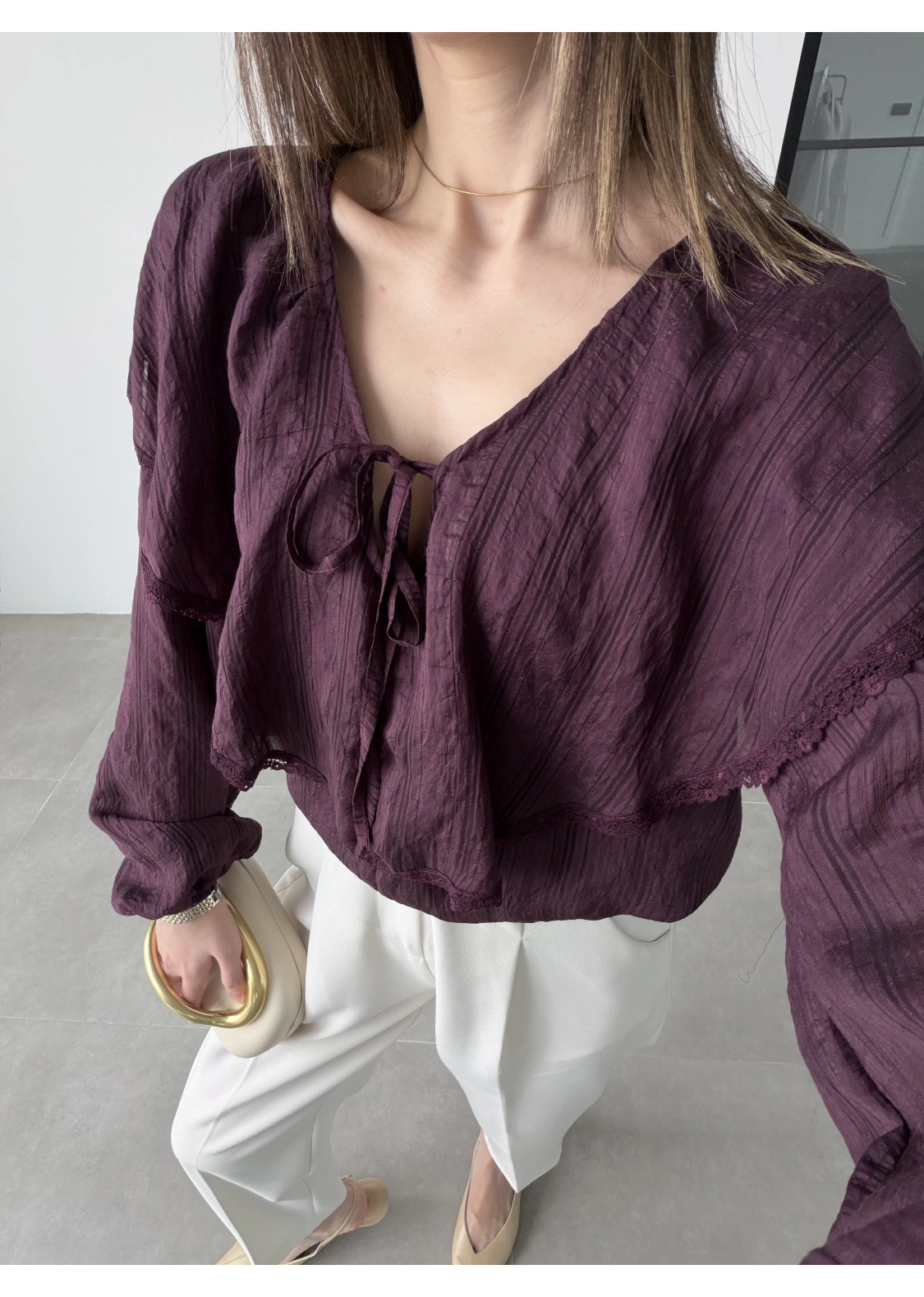 Pelerin Yaka Dantel İşlemeli Mürdüm Gömlek