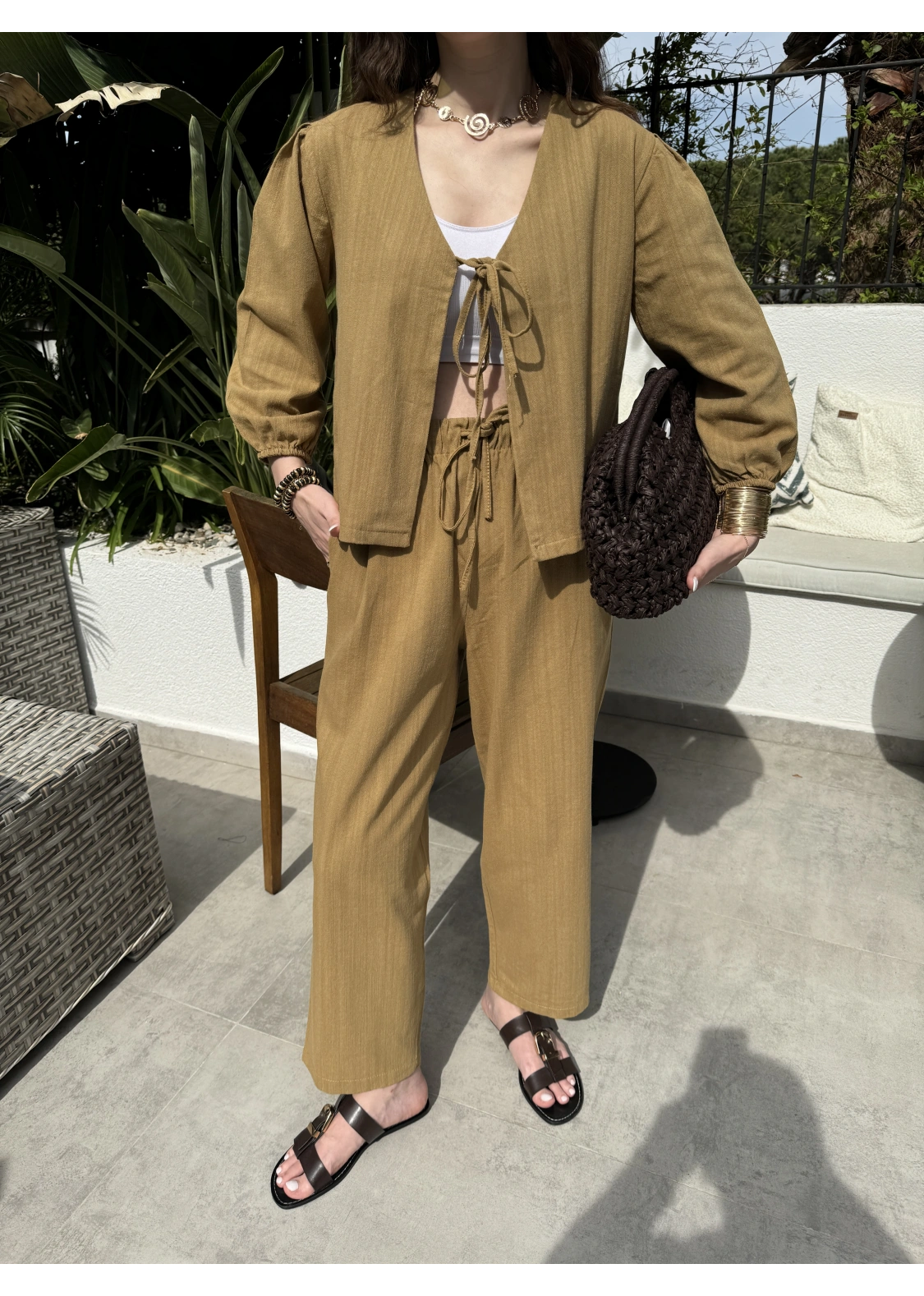 Diana Önü Bağlamalı Kısa Keten Yağ Yeşili Kimono Takım