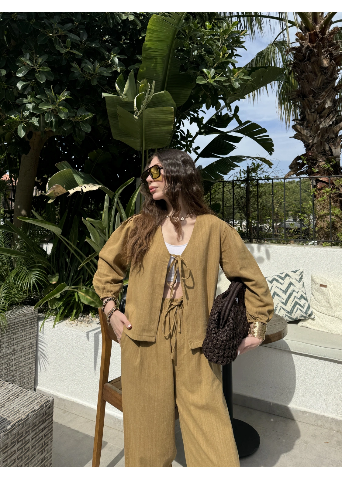 Diana Önü Bağlamalı Kısa Keten Yağ Yeşili Kimono Takım