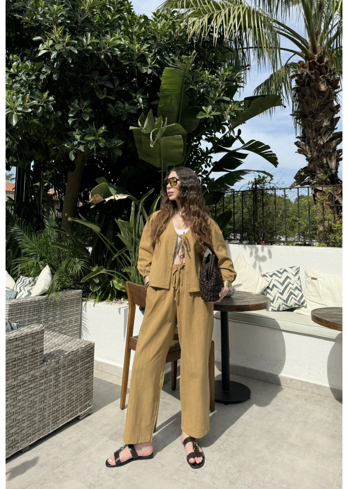 Diana Önü Bağlamalı Kısa Keten Yağ Yeşili Kimono Takım