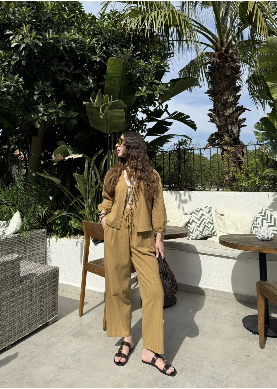 Diana Önü Bağlamalı Kısa Keten Yağ Yeşili Kimono Takım