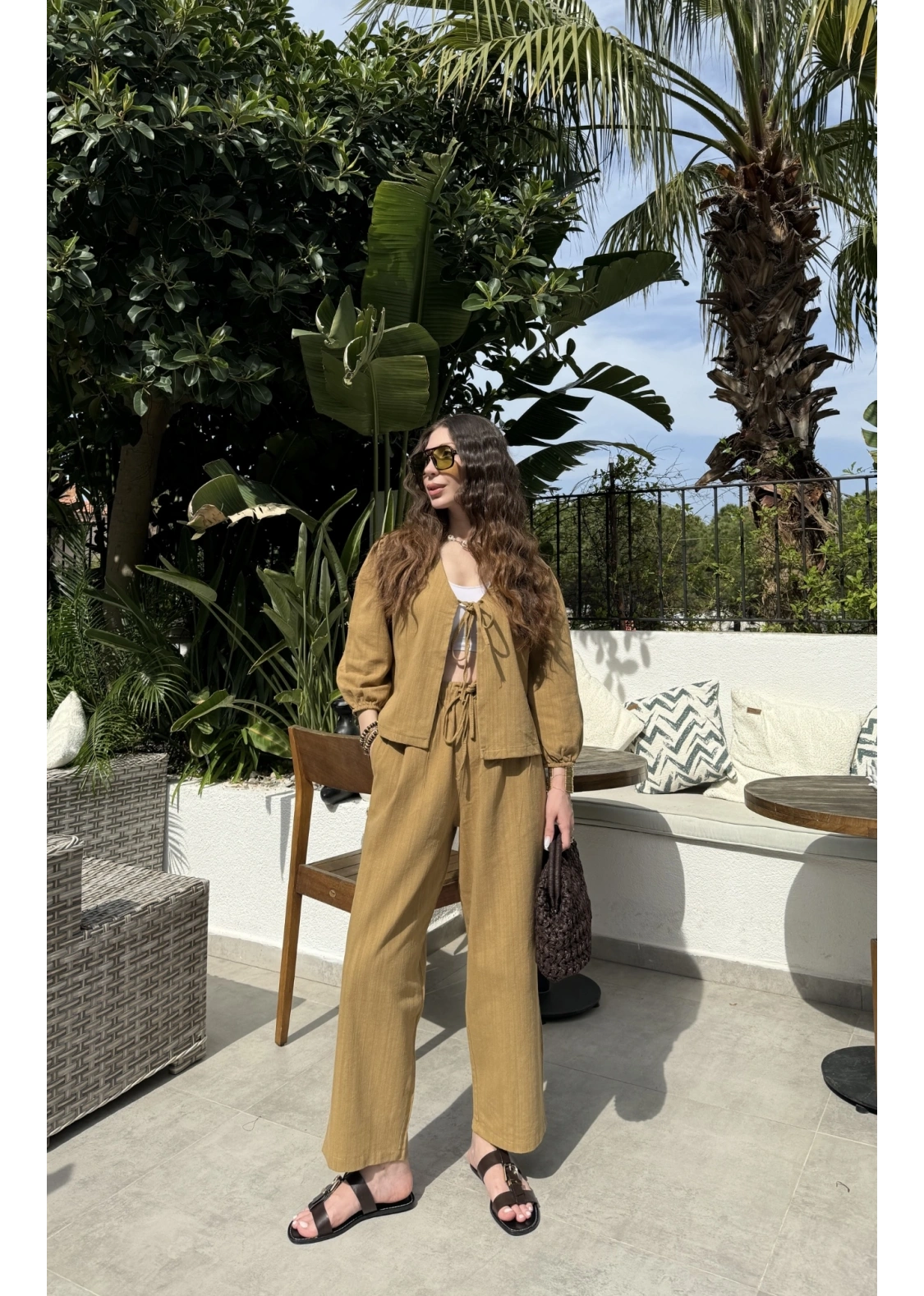 Diana Önü Bağlamalı Kısa Keten Yağ Yeşili Kimono Takım