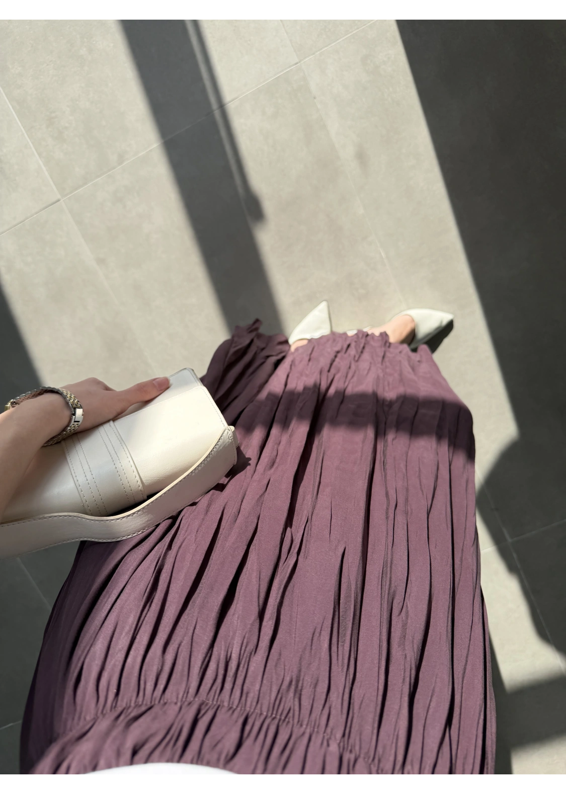 Beli Lastikli Mürdüm Tensel Kırışık Etek