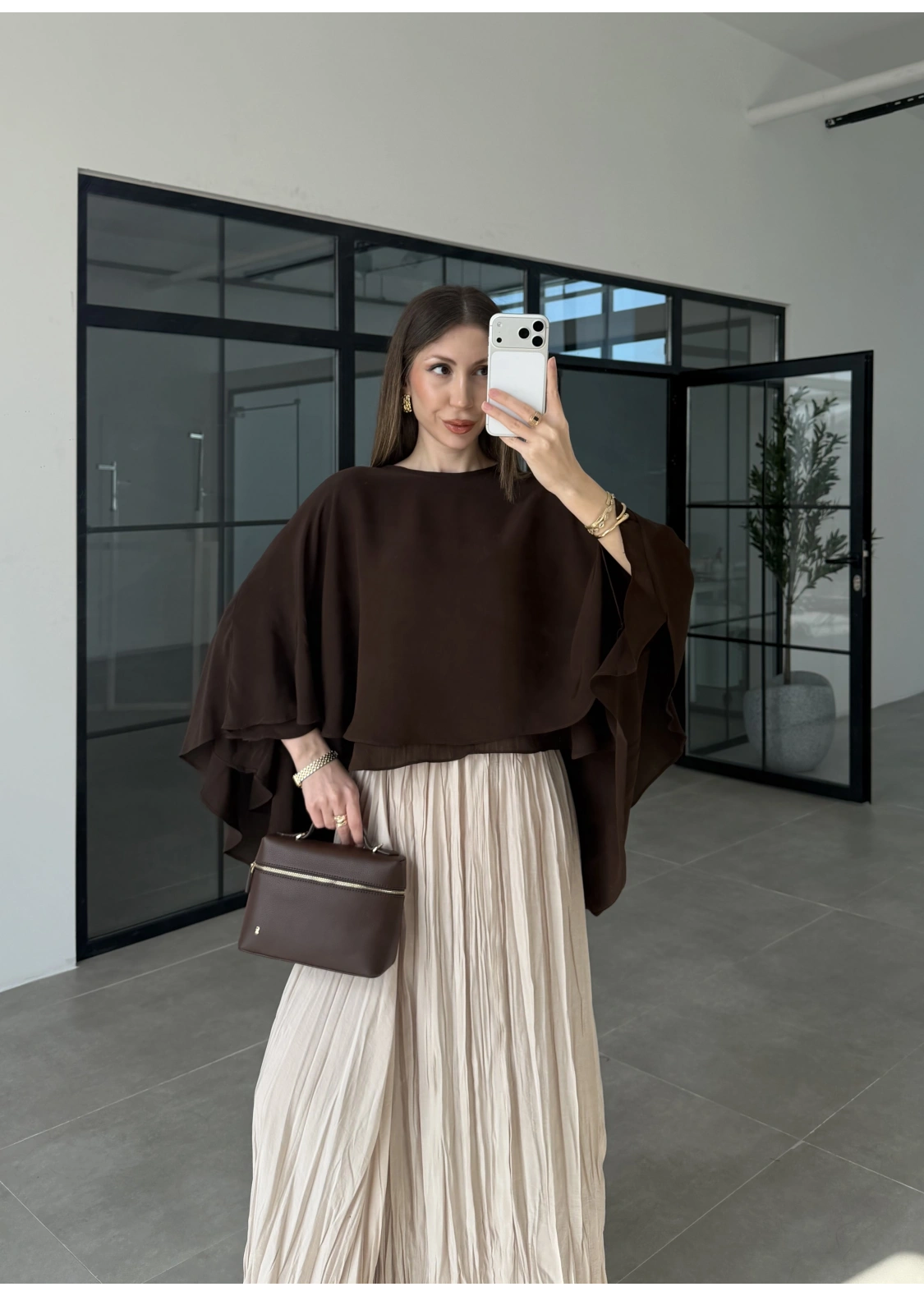 Çift Katlı Kahve Pelerin Bluz