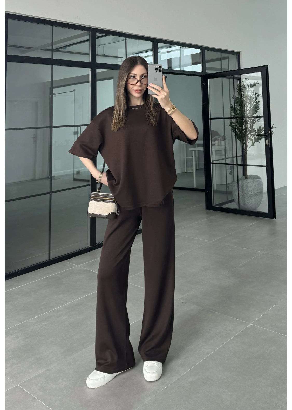 Oysh Kumaş Kısakollu Kahve Modal Takım