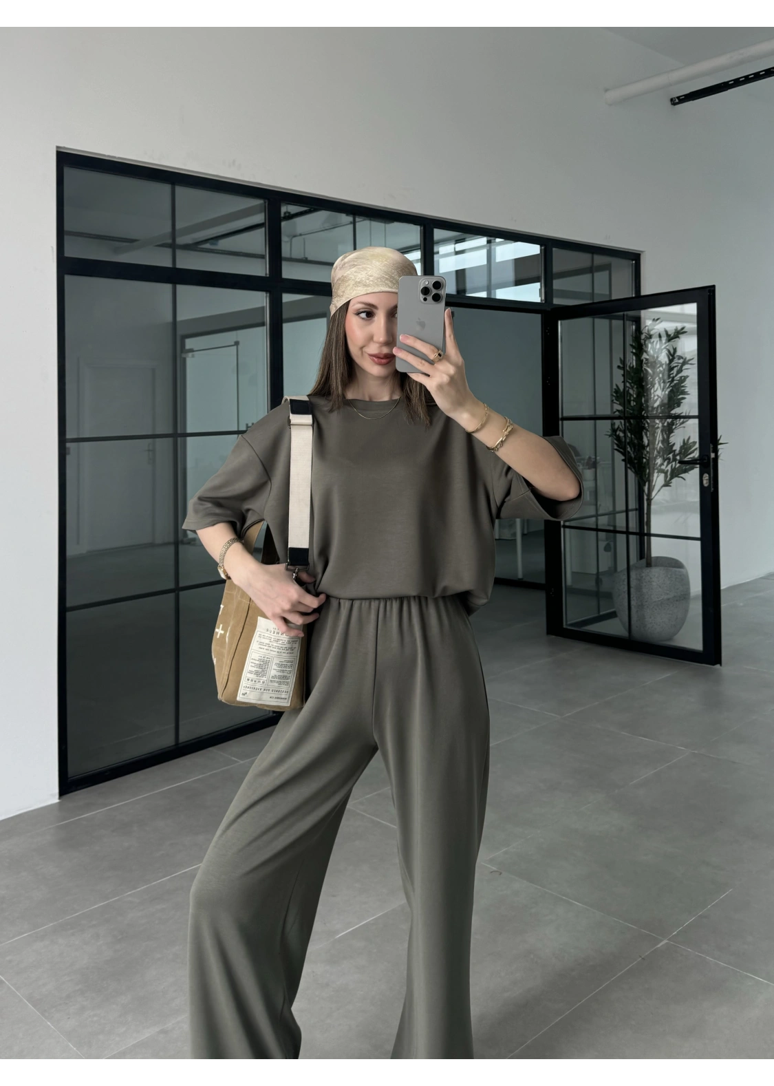 Oysh Kumaş Kısakollu Haki Modal Takım