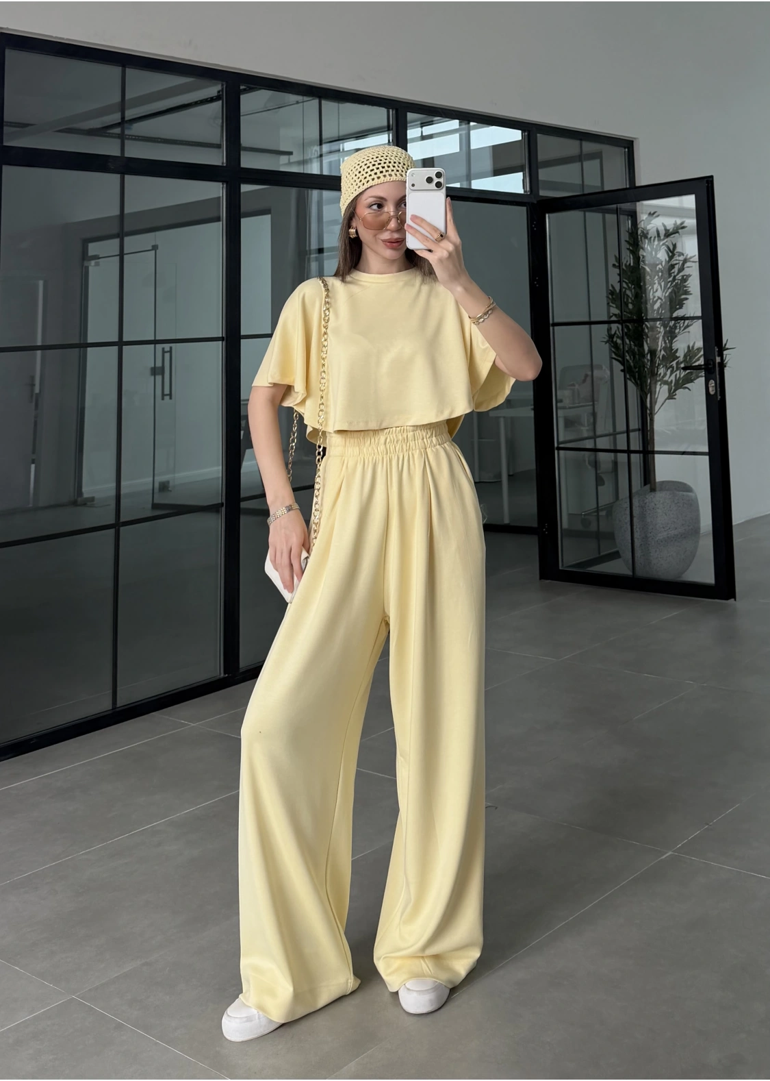 Oysh Modal Kumaş Beli Lastikli Sarı Crop Takım