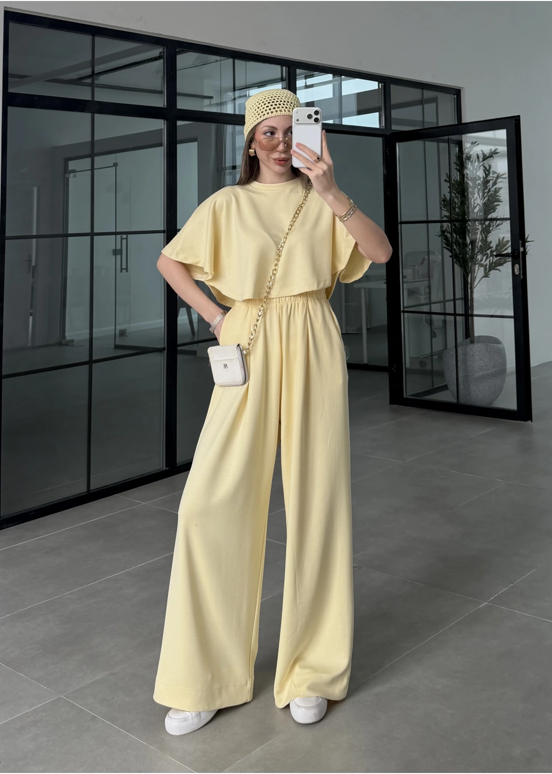 Oysh Modal Kumaş Beli Lastikli Sarı Crop Takım