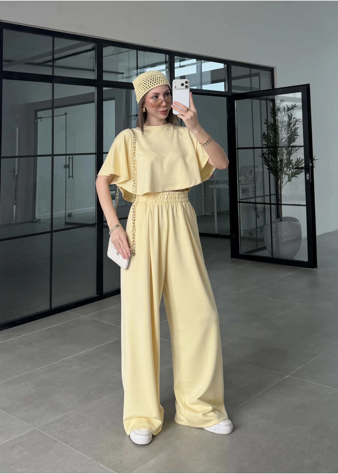 Oysh Modal Kumaş Beli Lastikli Sarı Crop Takım