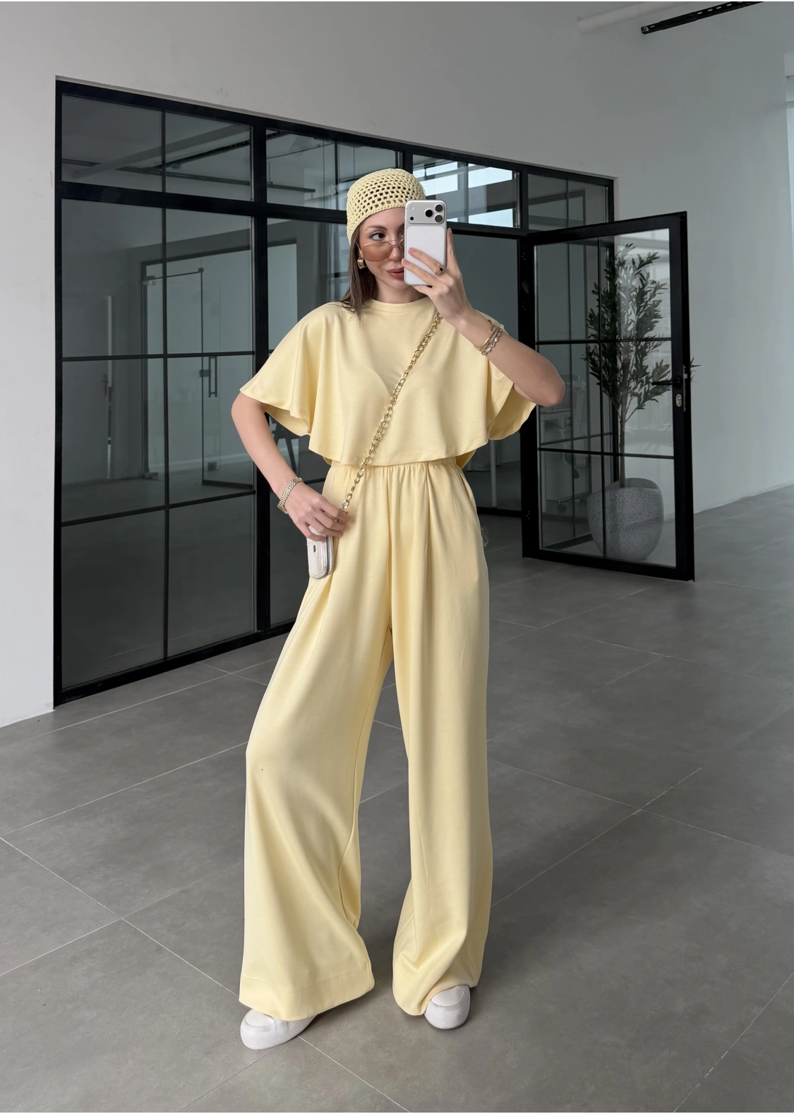 Oysh Modal Kumaş Beli Lastikli Sarı Crop Takım