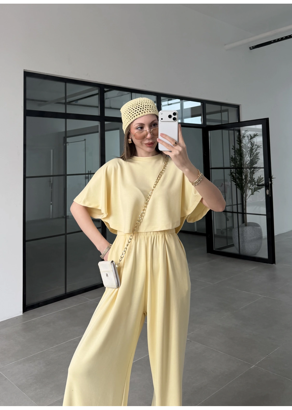 Oysh Modal Kumaş Beli Lastikli Sarı Crop Takım