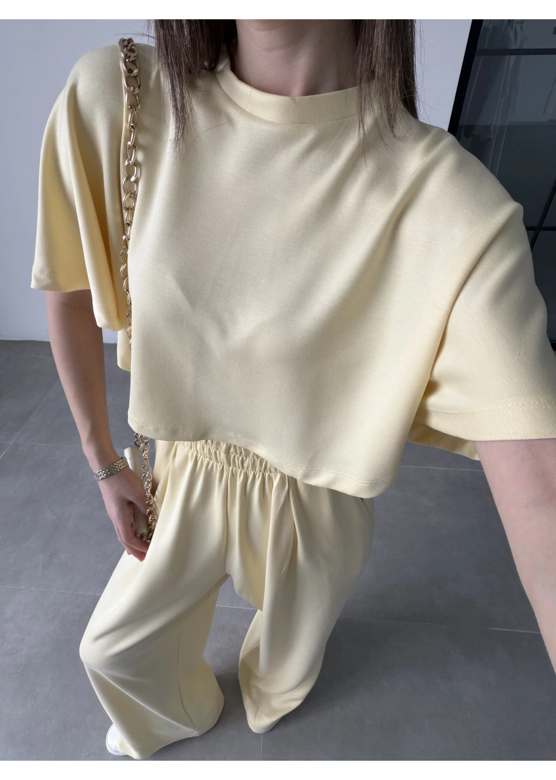 Oysh Modal Kumaş Beli Lastikli Sarı Crop Takım