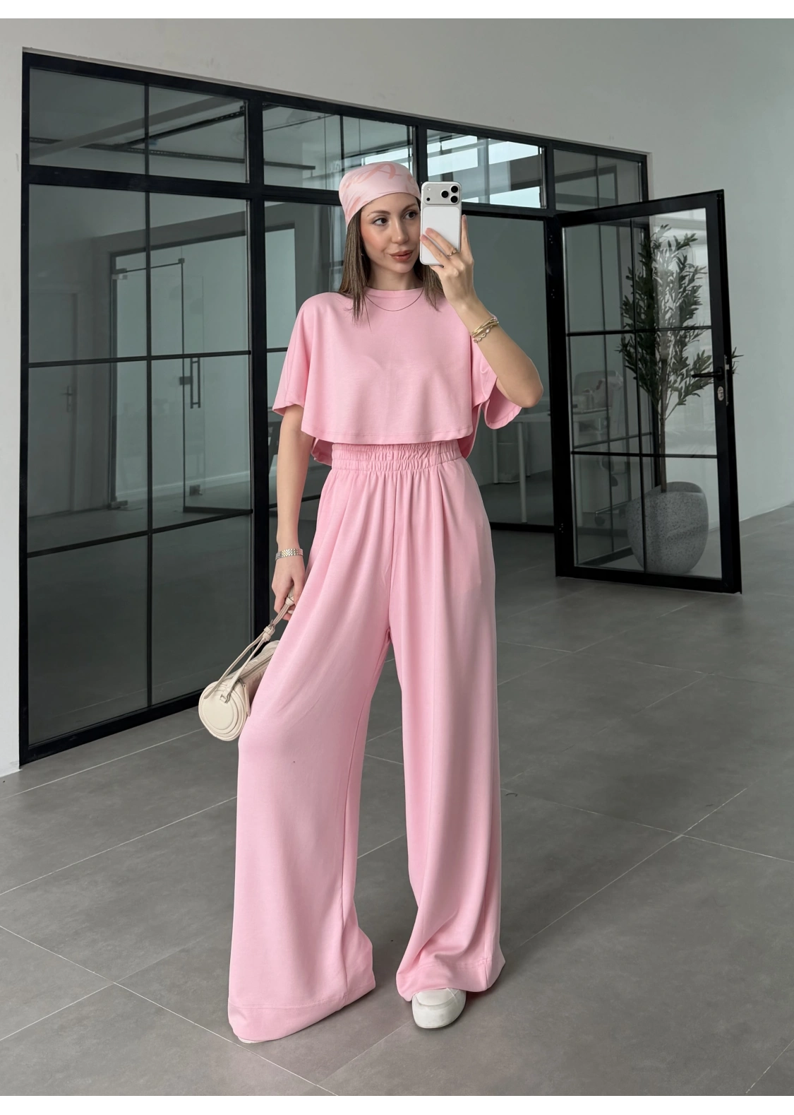 Oysh Modal Kumaş Beli Lastikli Pembe Crop Takım