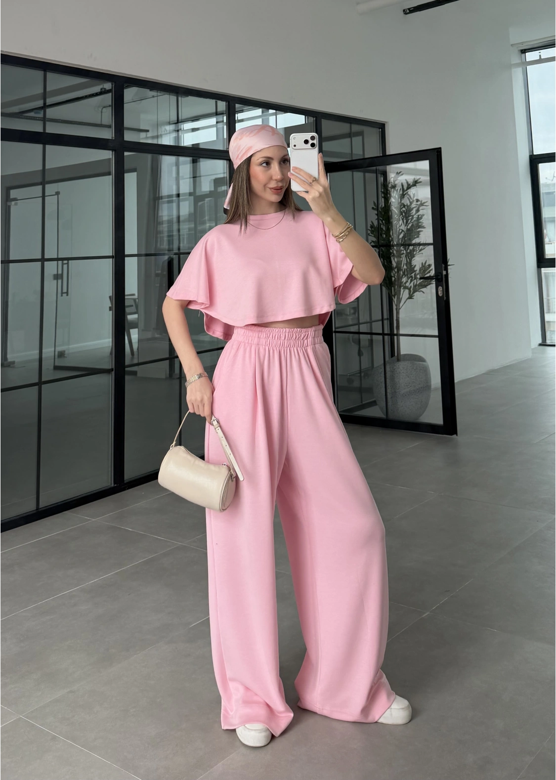 Oysh Modal Kumaş Beli Lastikli Pembe Crop Takım