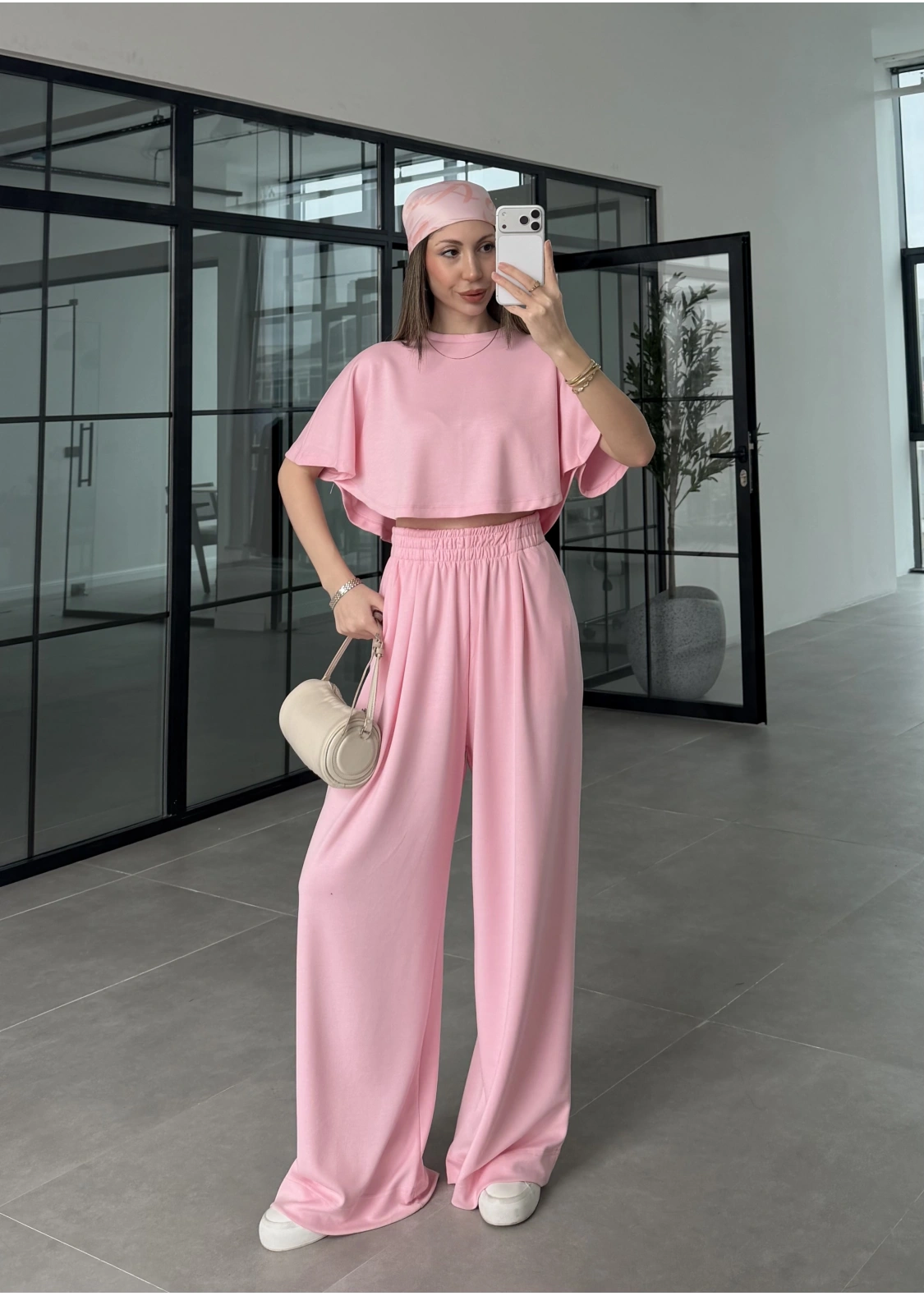 Oysh Modal Kumaş Beli Lastikli Pembe Crop Takım