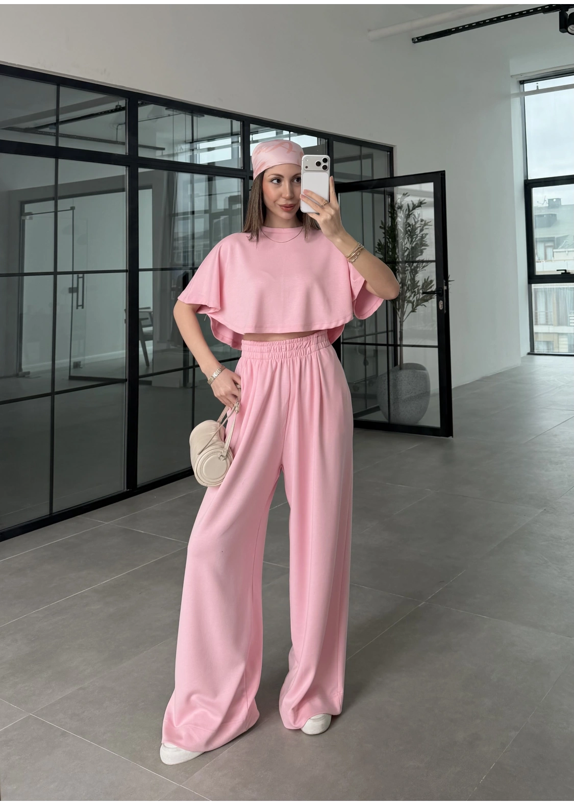 Oysh Modal Kumaş Beli Lastikli Pembe Crop Takım
