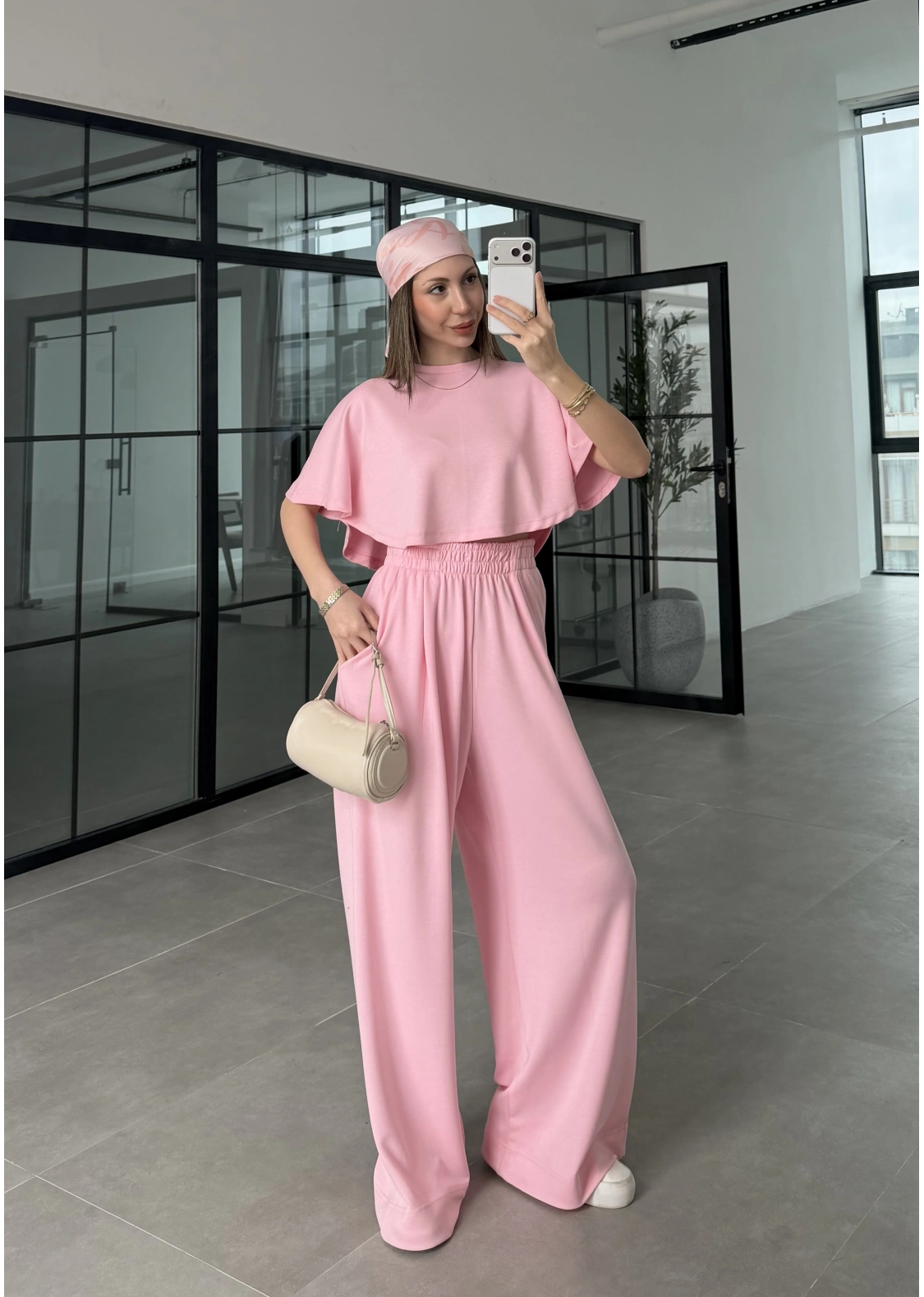 Oysh Modal Kumaş Beli Lastikli Pembe Crop Takım