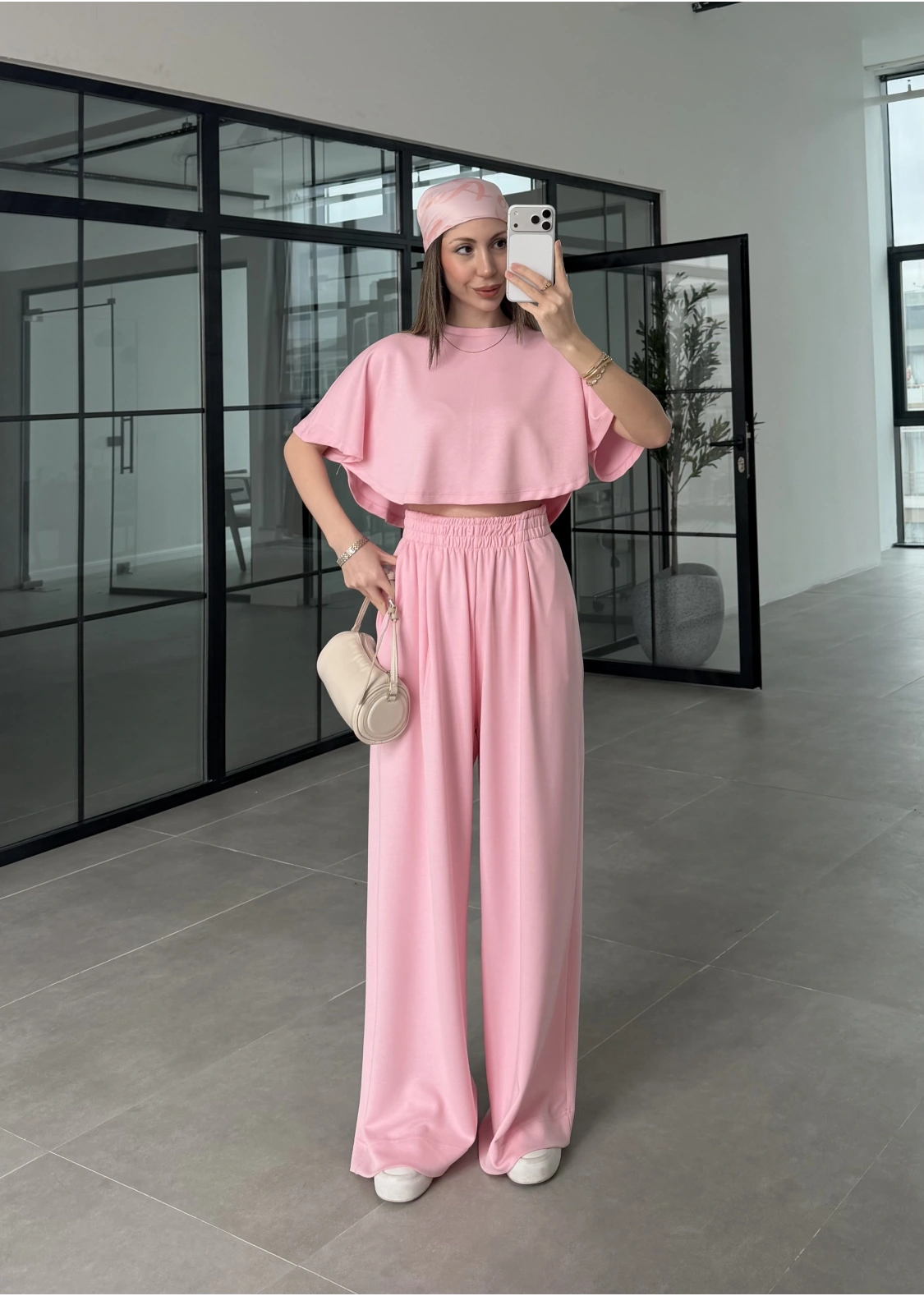 Oysh Modal Kumaş Beli Lastikli Pembe Crop Takım