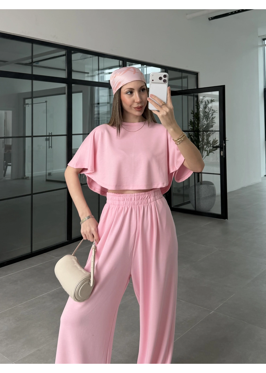 Oysh Modal Kumaş Beli Lastikli Pembe Crop Takım