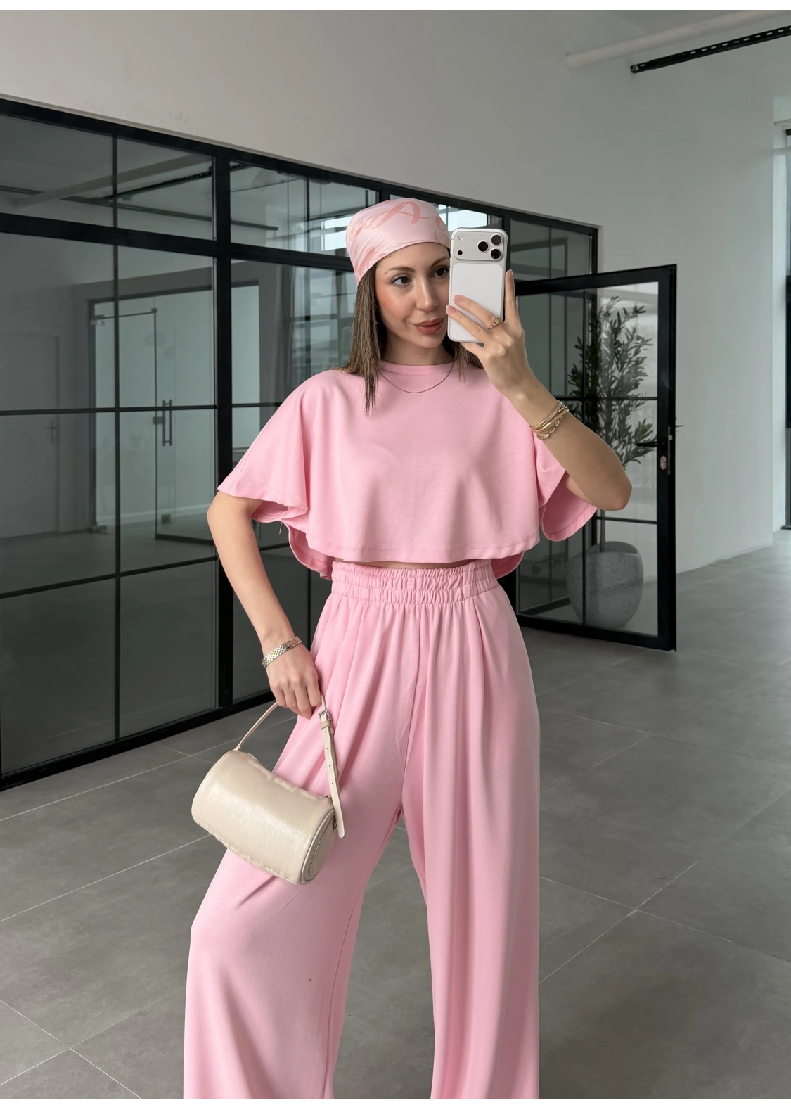 Oysh Modal Kumaş Beli Lastikli Pembe Crop Takım