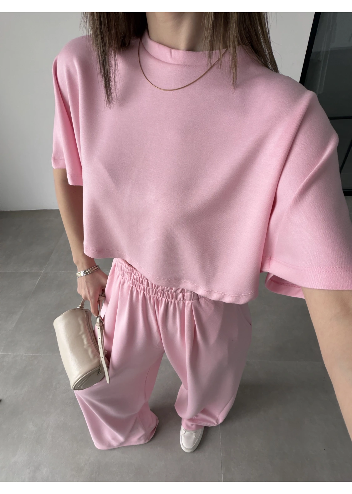 Oysh Modal Kumaş Beli Lastikli Pembe Crop Takım