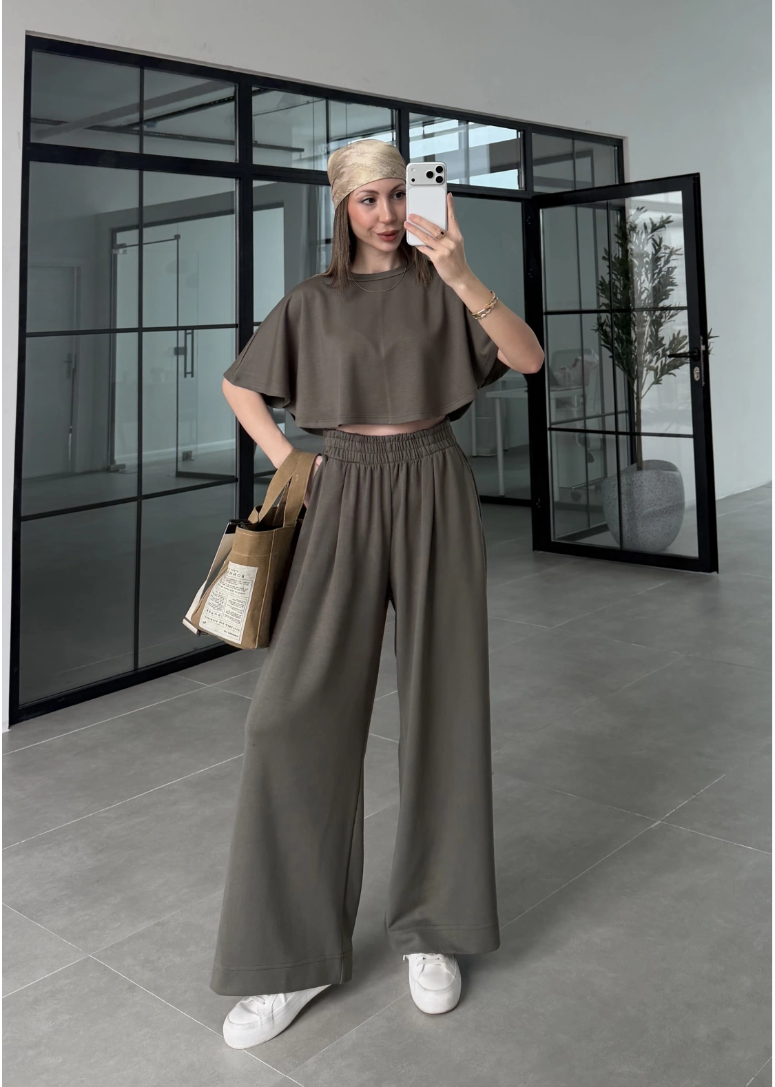 Oysh Modal Kumaş Beli Lastikli Haki Crop Takım