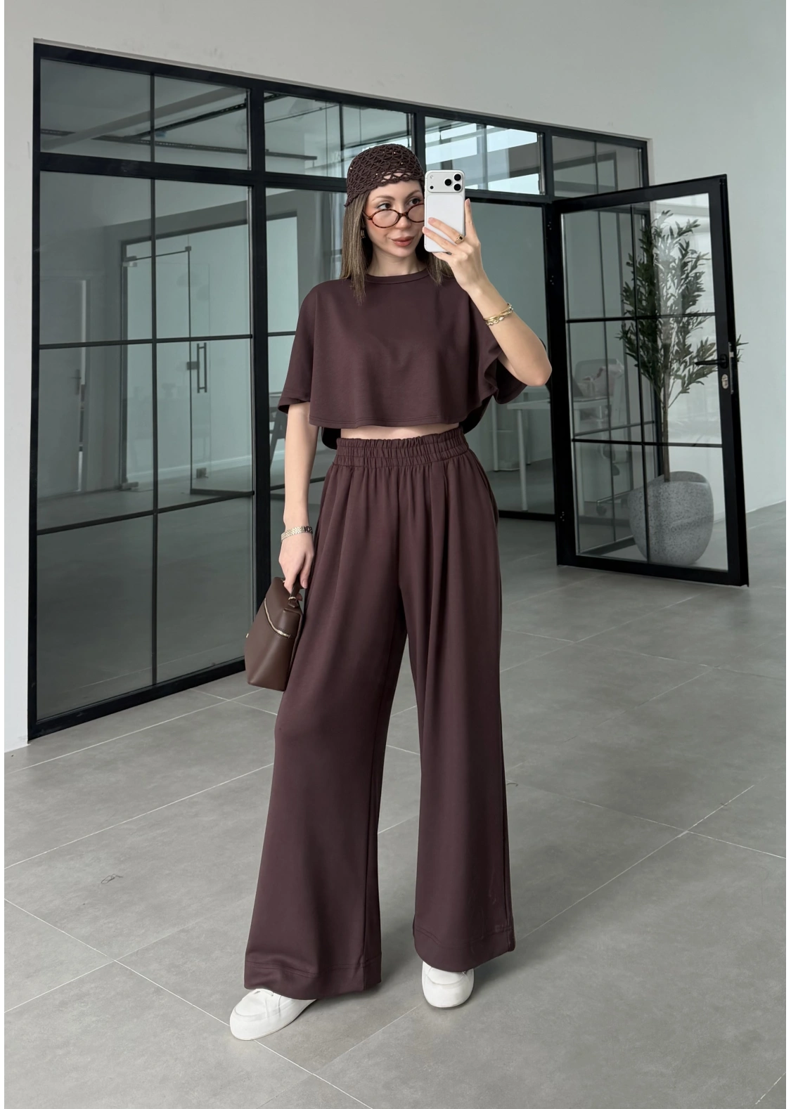 Oysh Modal Kumaş Beli Lastikli Kahve Crop Takım