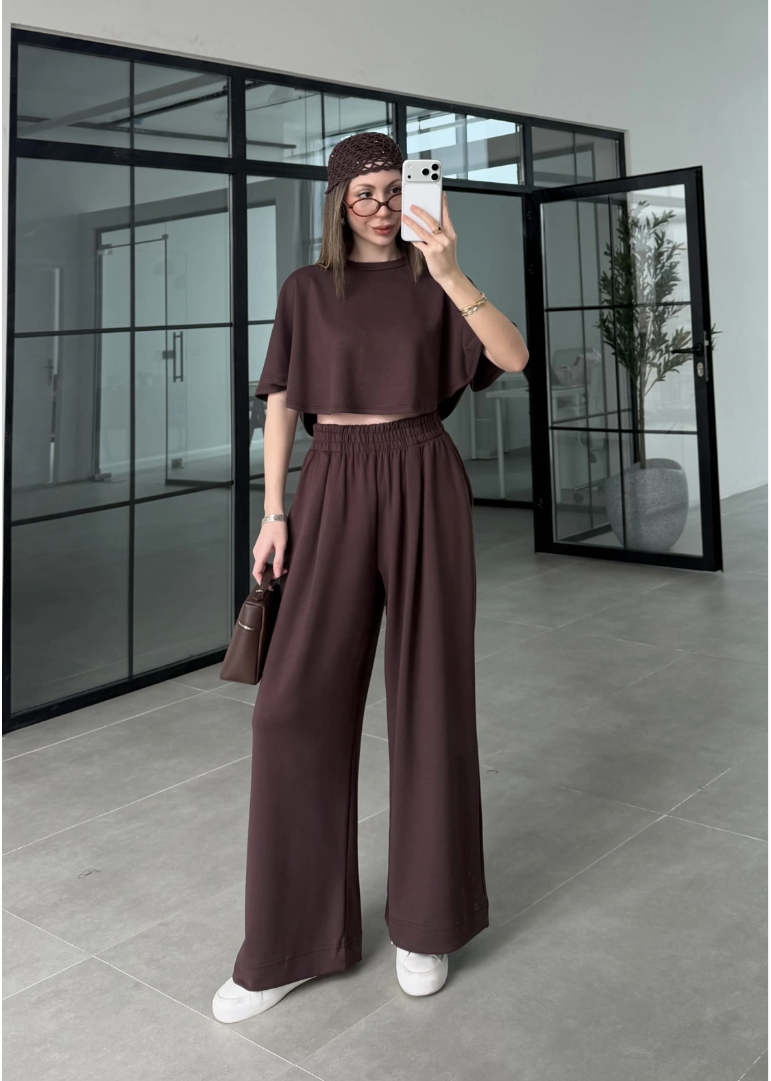 Oysh Modal Kumaş Beli Lastikli Kahve Crop Takım