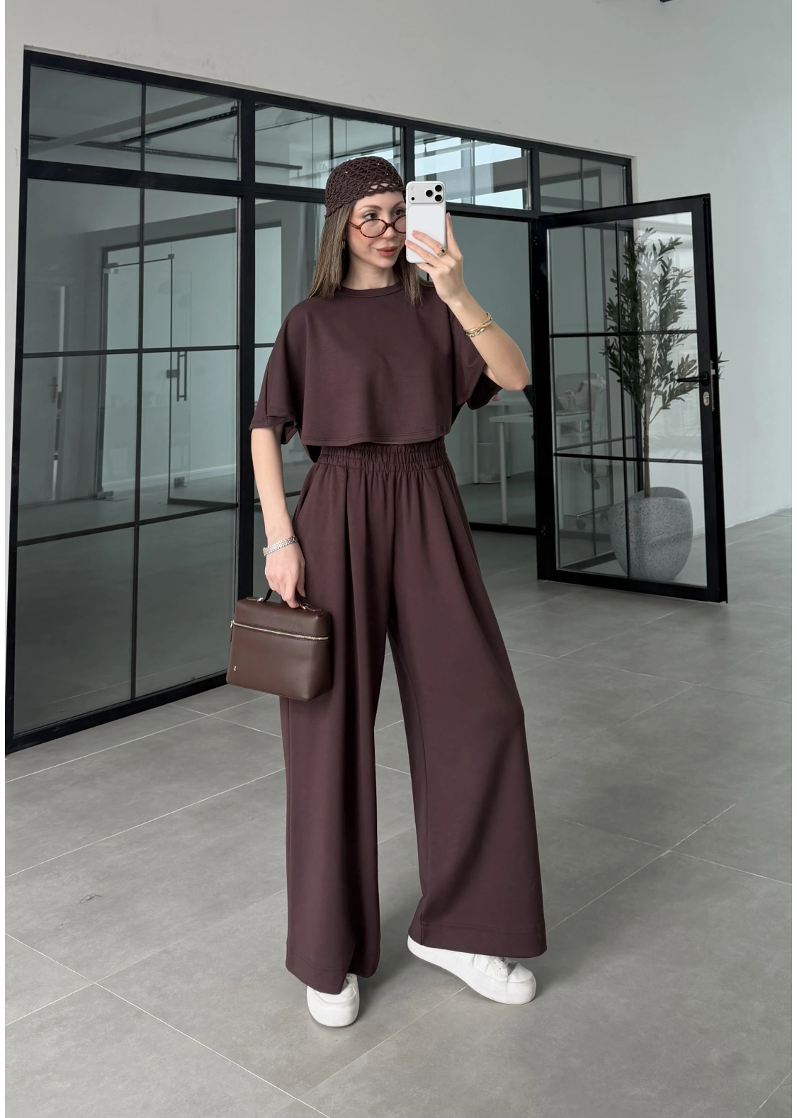 Oysh Modal Kumaş Beli Lastikli Kahve Crop Takım