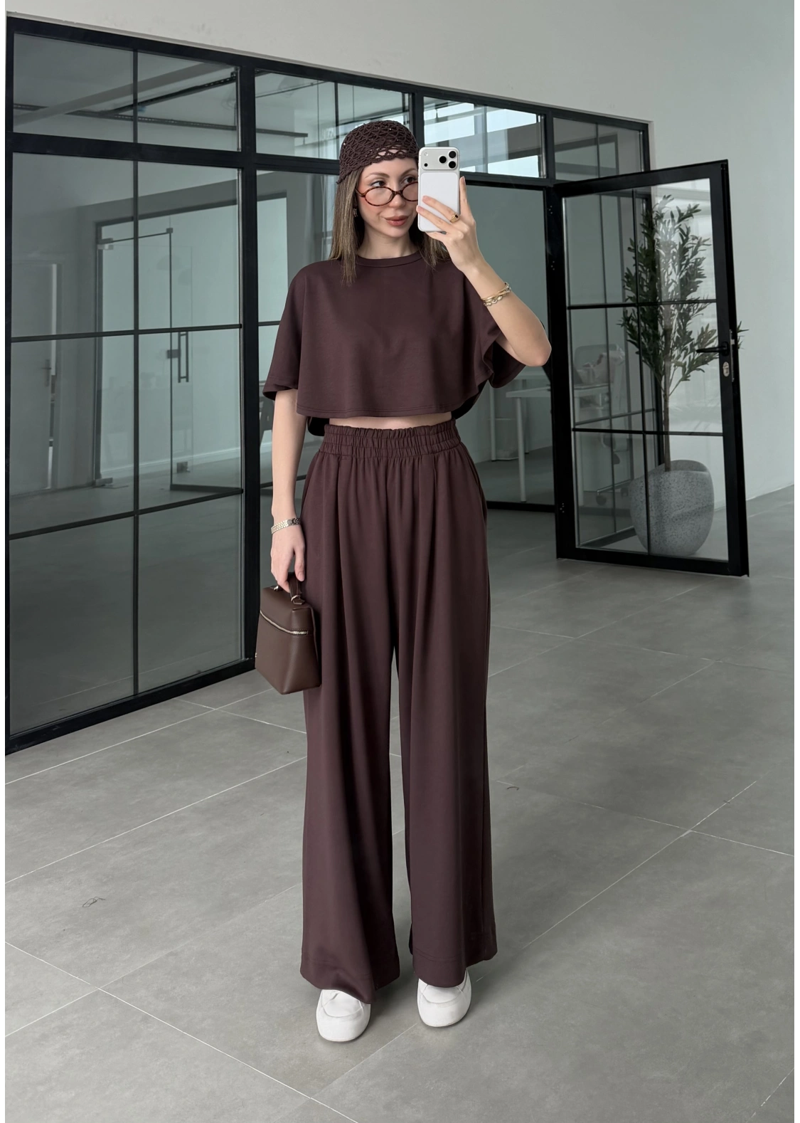 Oysh Modal Kumaş Beli Lastikli Kahve Crop Takım