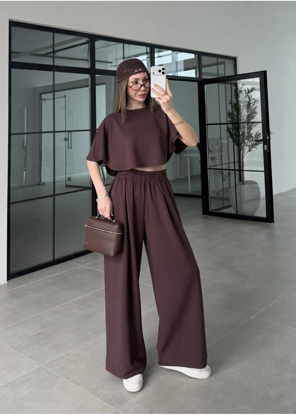 Oysh Modal Kumaş Beli Lastikli Kahve Crop Takım