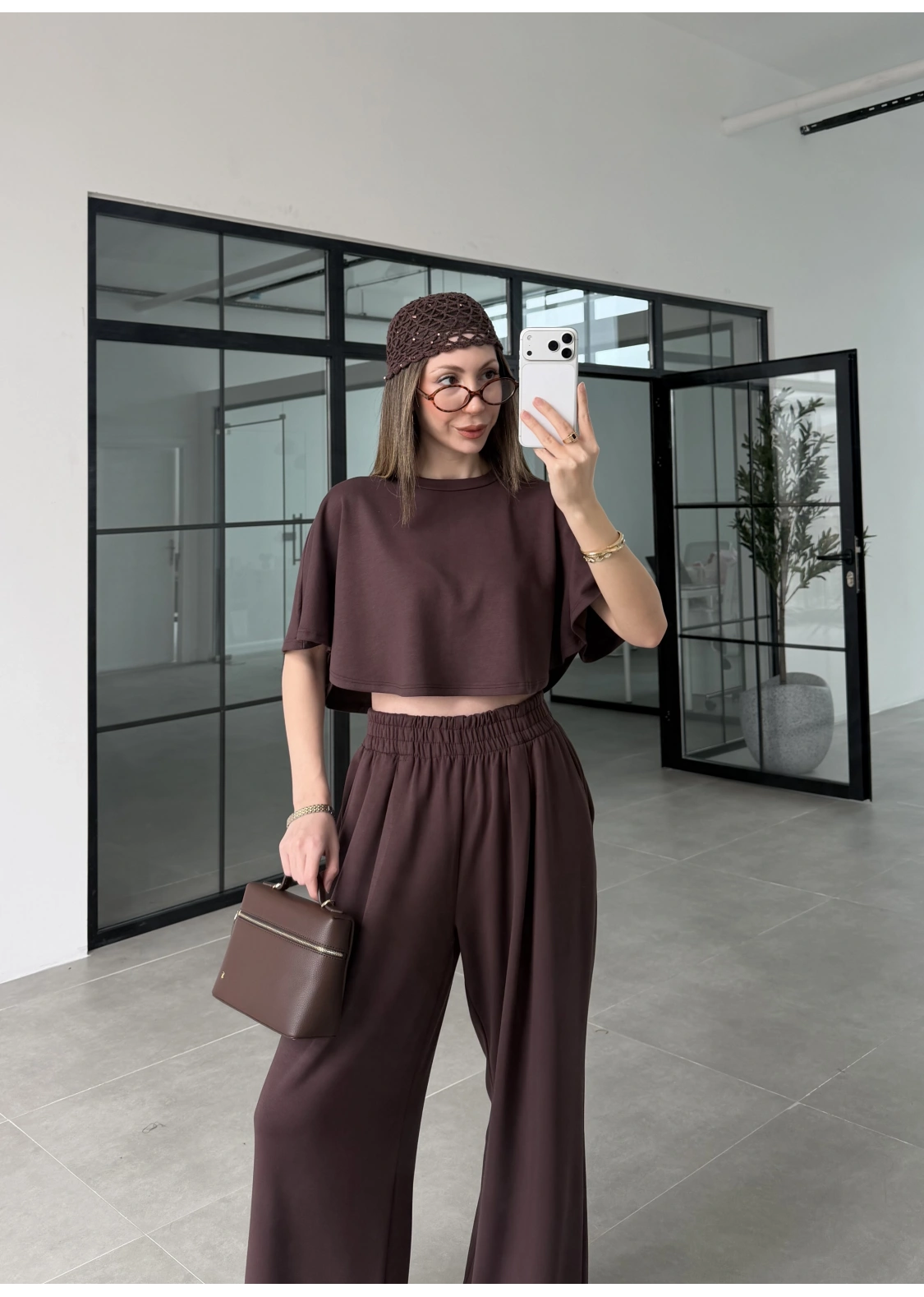 Oysh Modal Kumaş Beli Lastikli Kahve Crop Takım