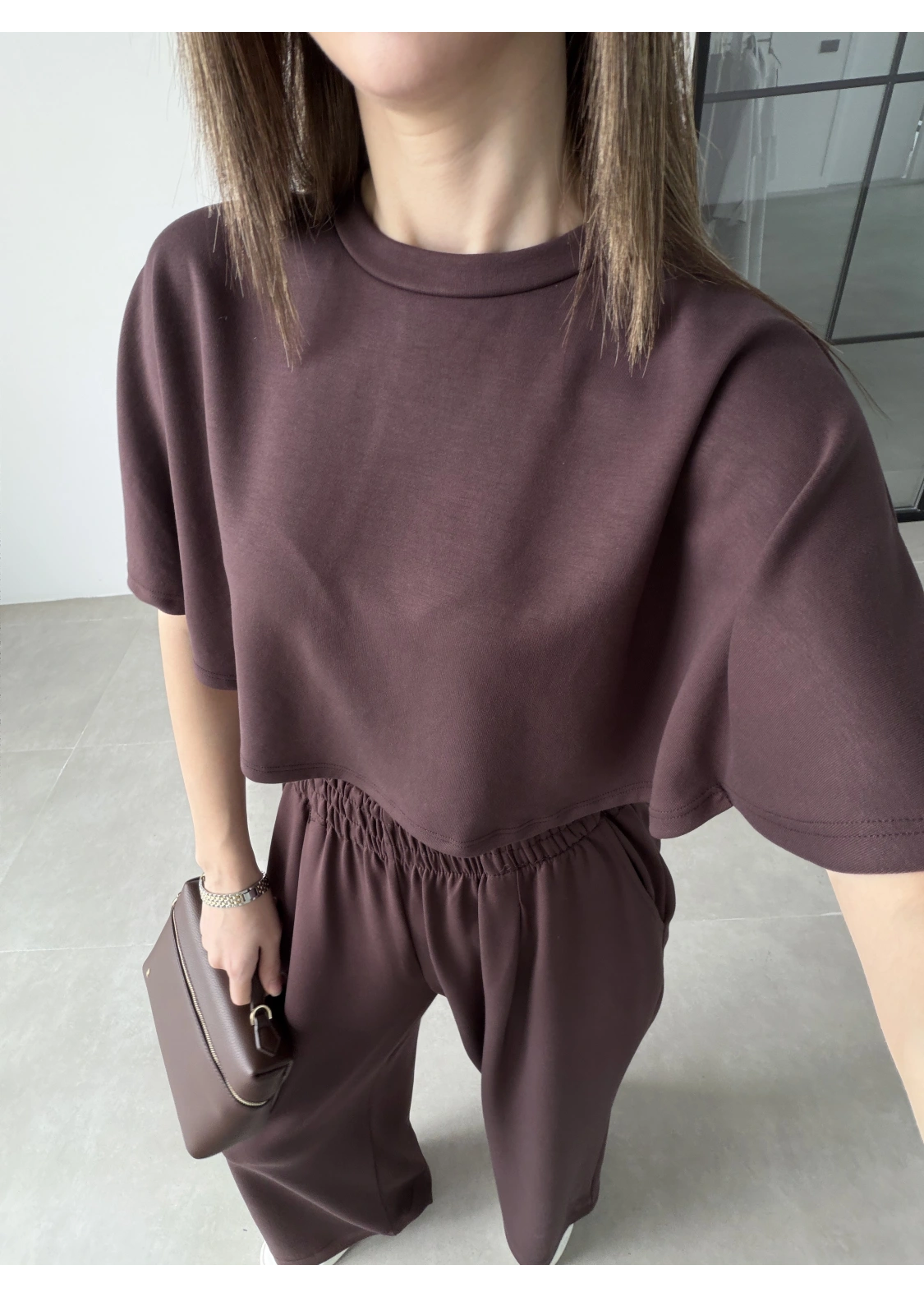 Oysh Modal Kumaş Beli Lastikli Kahve Crop Takım