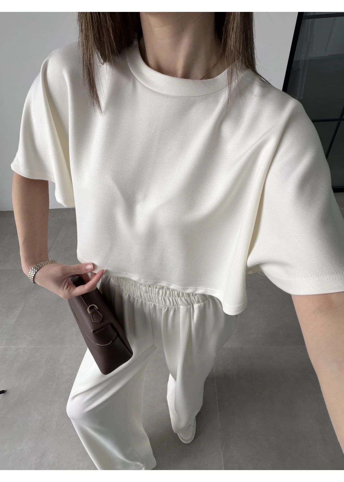 Oysh Modal Kumaş Beli Lastikli Beyaz Crop Takım