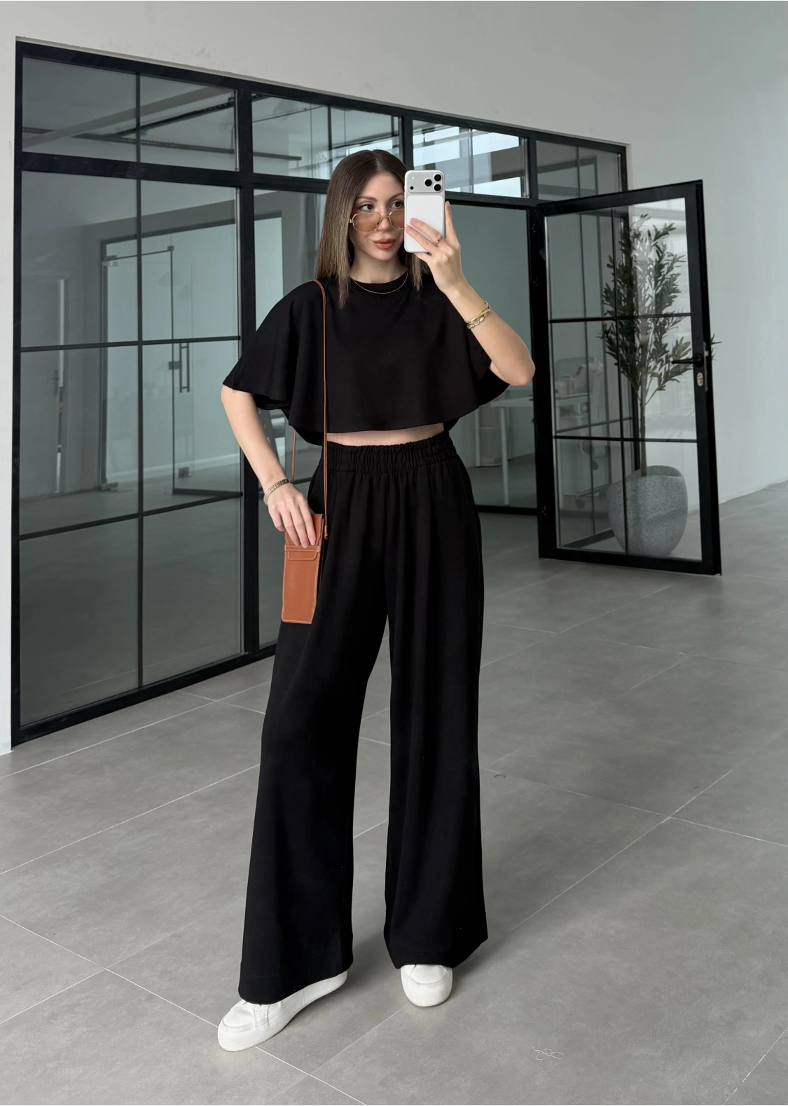 Oysh Modal Kumaş Beli Lastikli Siyah Crop Takım