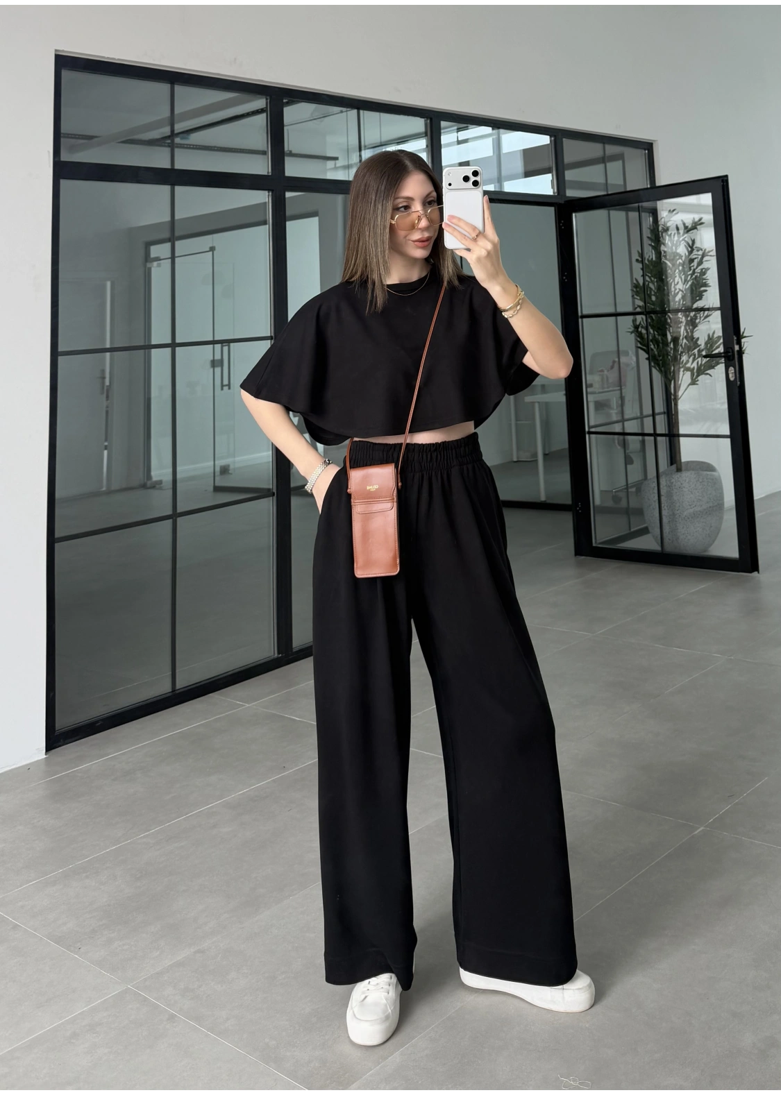 Oysh Modal Kumaş Beli Lastikli Siyah Crop Takım