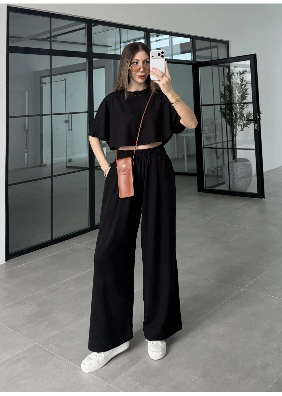 Oysh Modal Kumaş Beli Lastikli Siyah Crop Takım