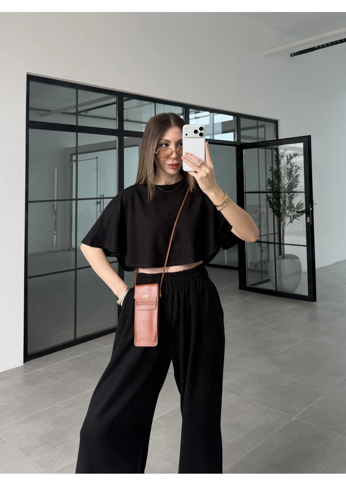 Oysh Modal Kumaş Beli Lastikli Siyah Crop Takım