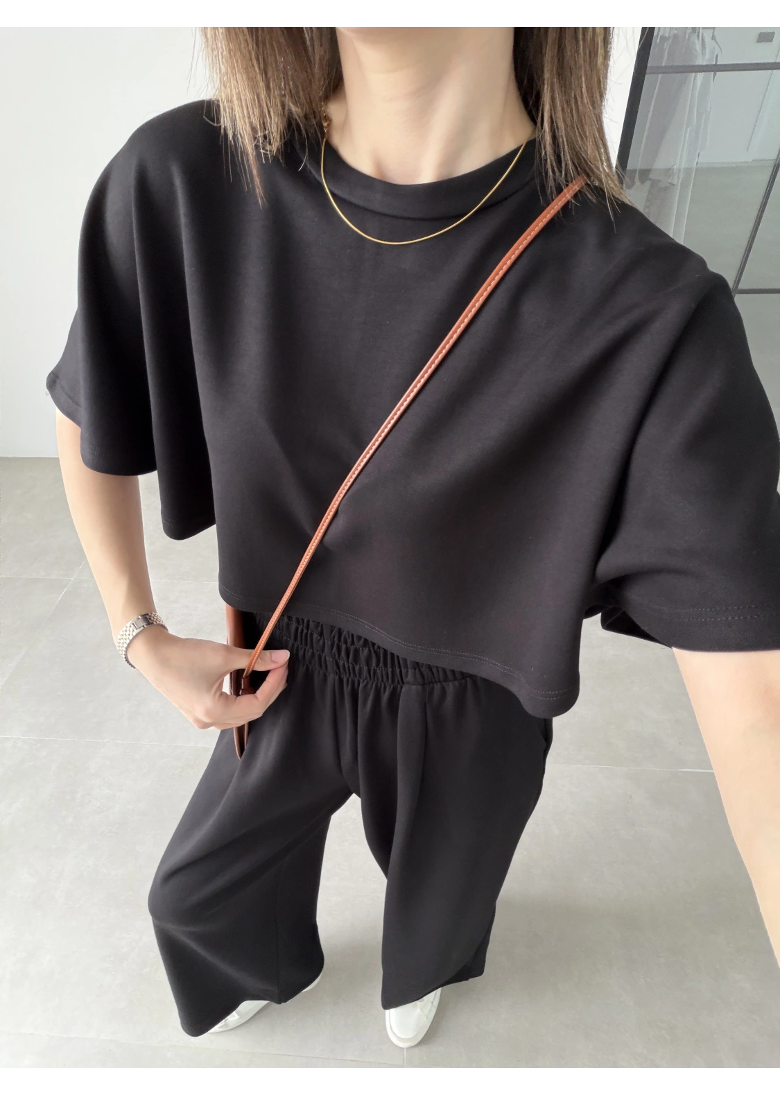 Oysh Modal Kumaş Beli Lastikli Siyah Crop Takım