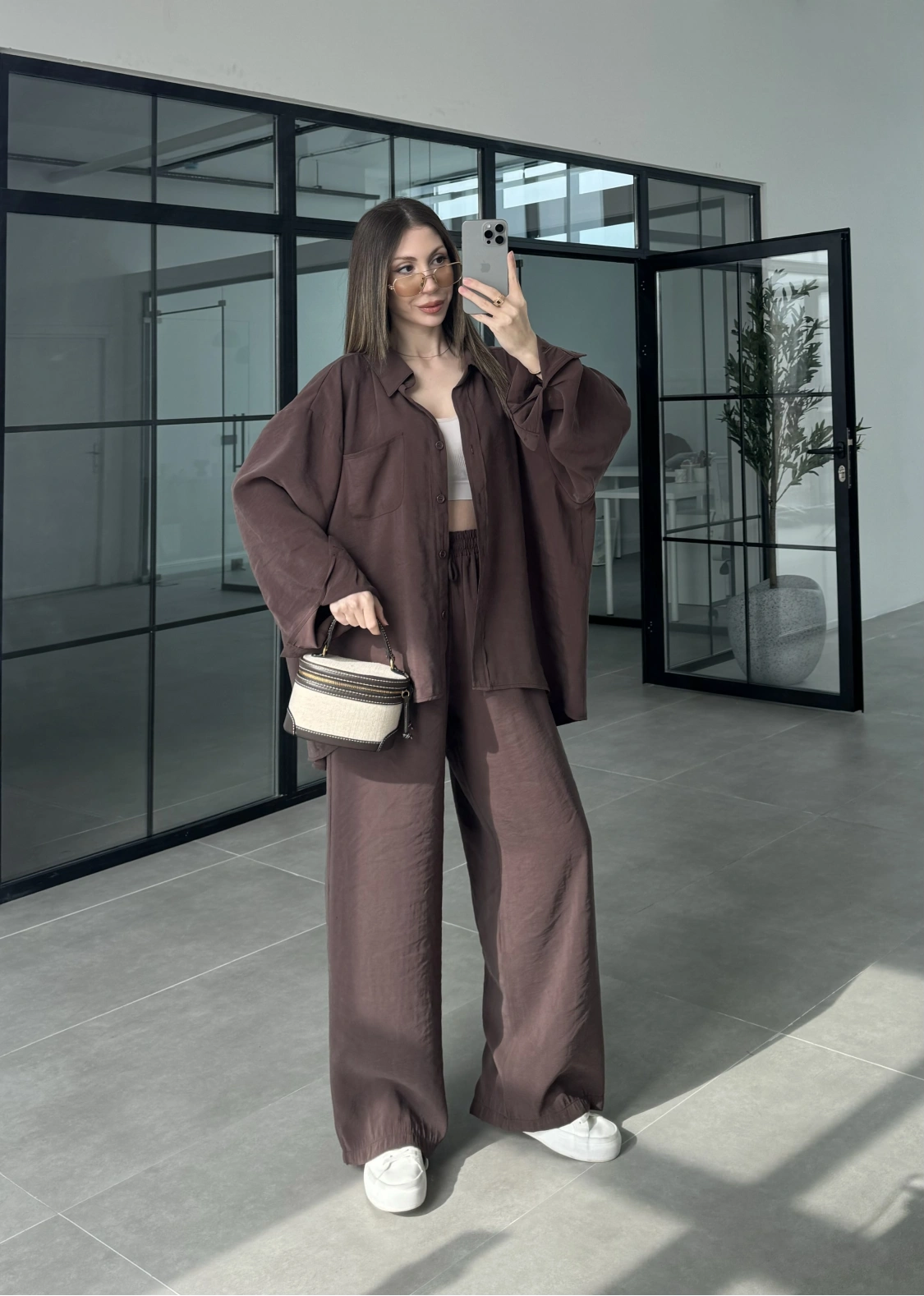 Fav Tensel Kumaş Oversize Kahve Palazzo Takım