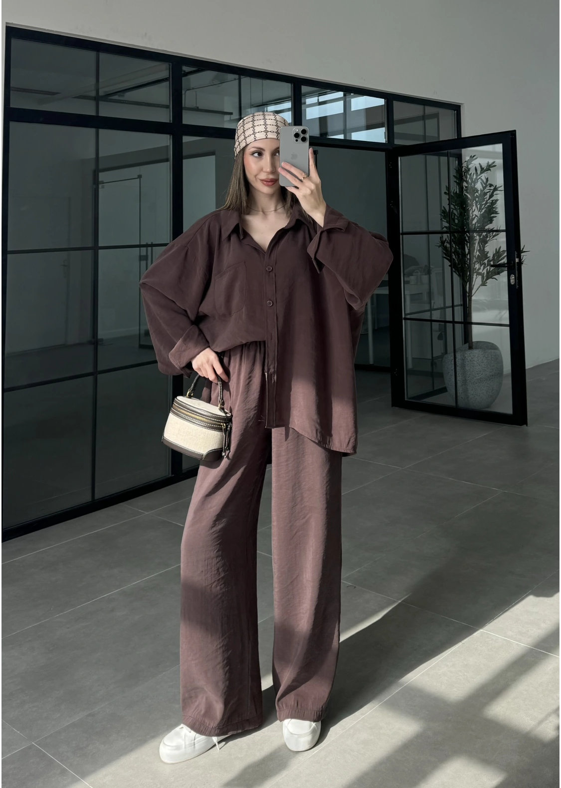 Fav Tensel Kumaş Oversize Kahve Palazzo Takım