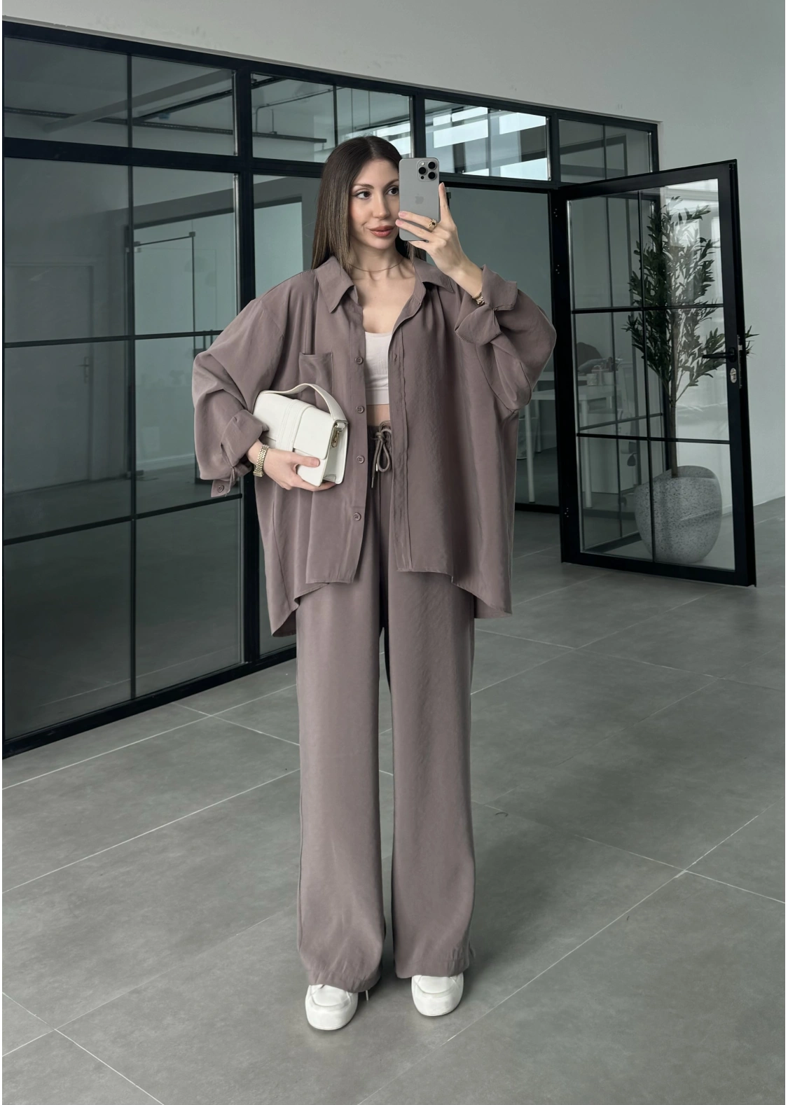 Fav Tensel Kumaş Oversize Vizon Palazzo Takım