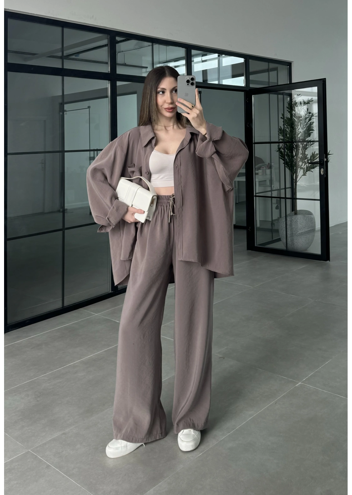 Fav Tensel Kumaş Oversize Vizon Palazzo Takım