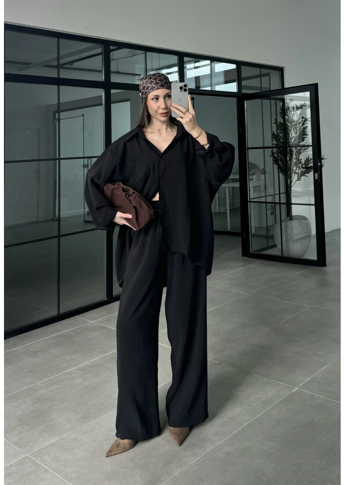 Fav Tensel Kumaş Oversize Siyah Palazzo Takım