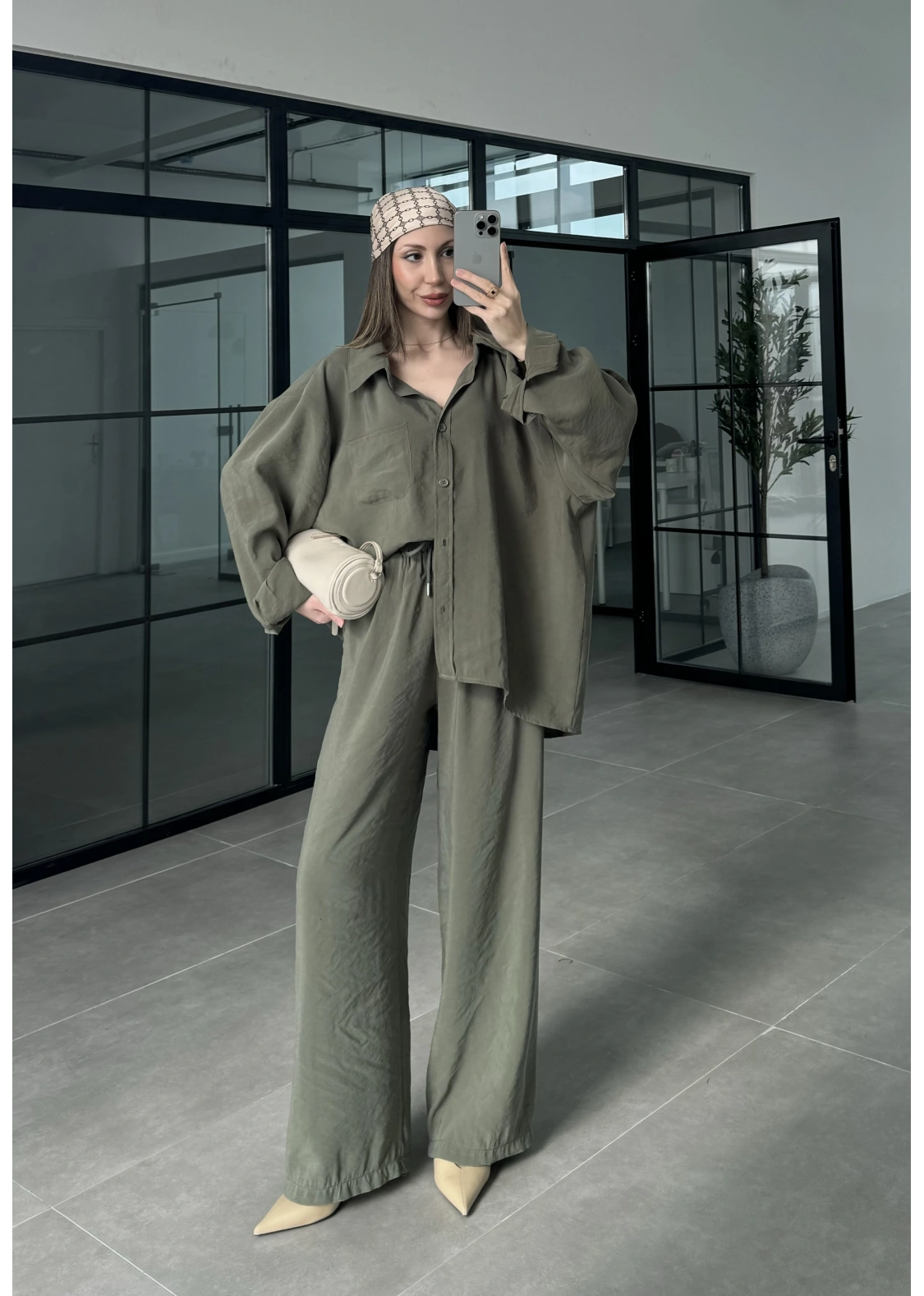 Fav Tensel Kumaş Oversize Haki Palazzo Takım