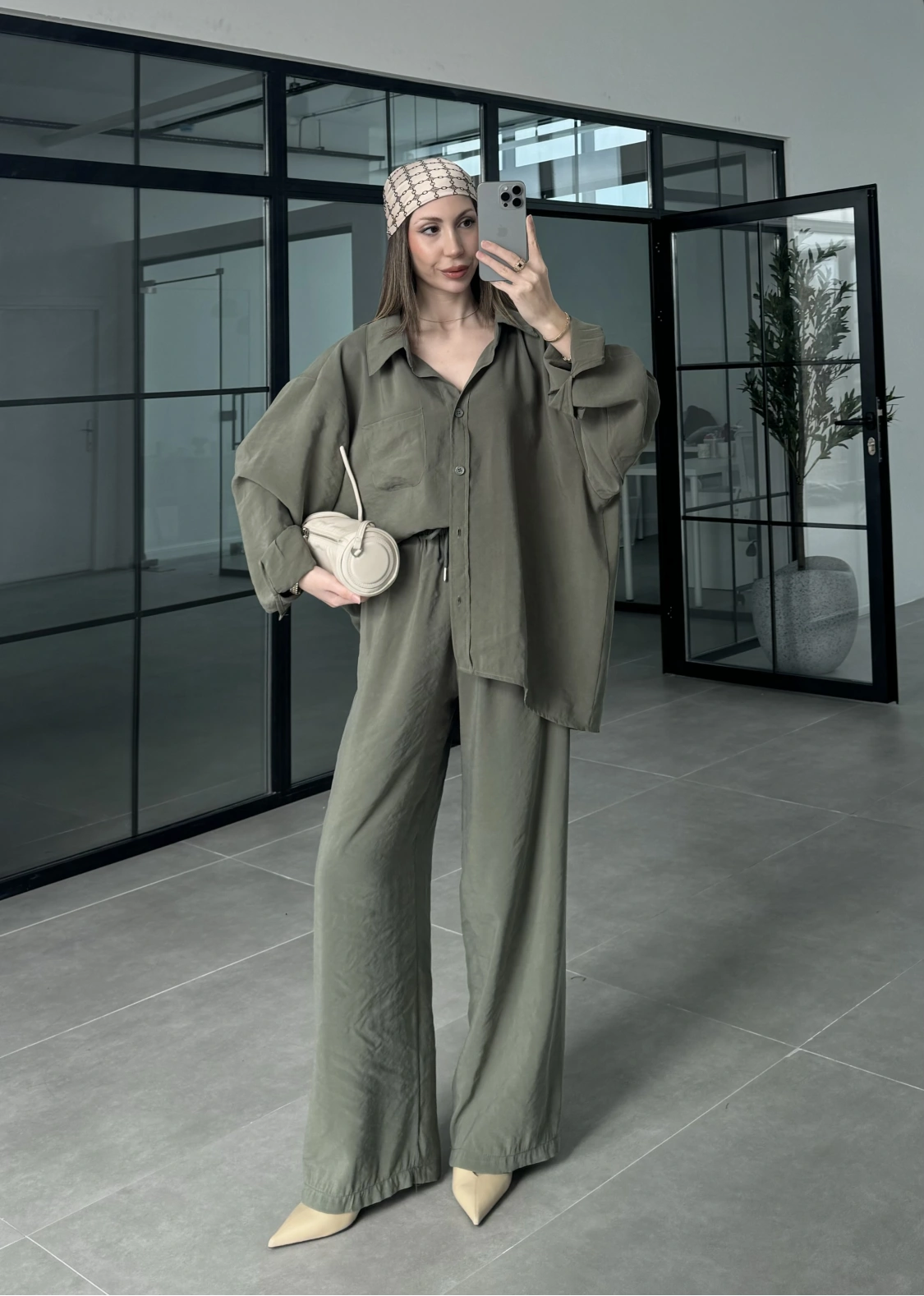 Fav Tensel Kumaş Oversize Haki Palazzo Takım
