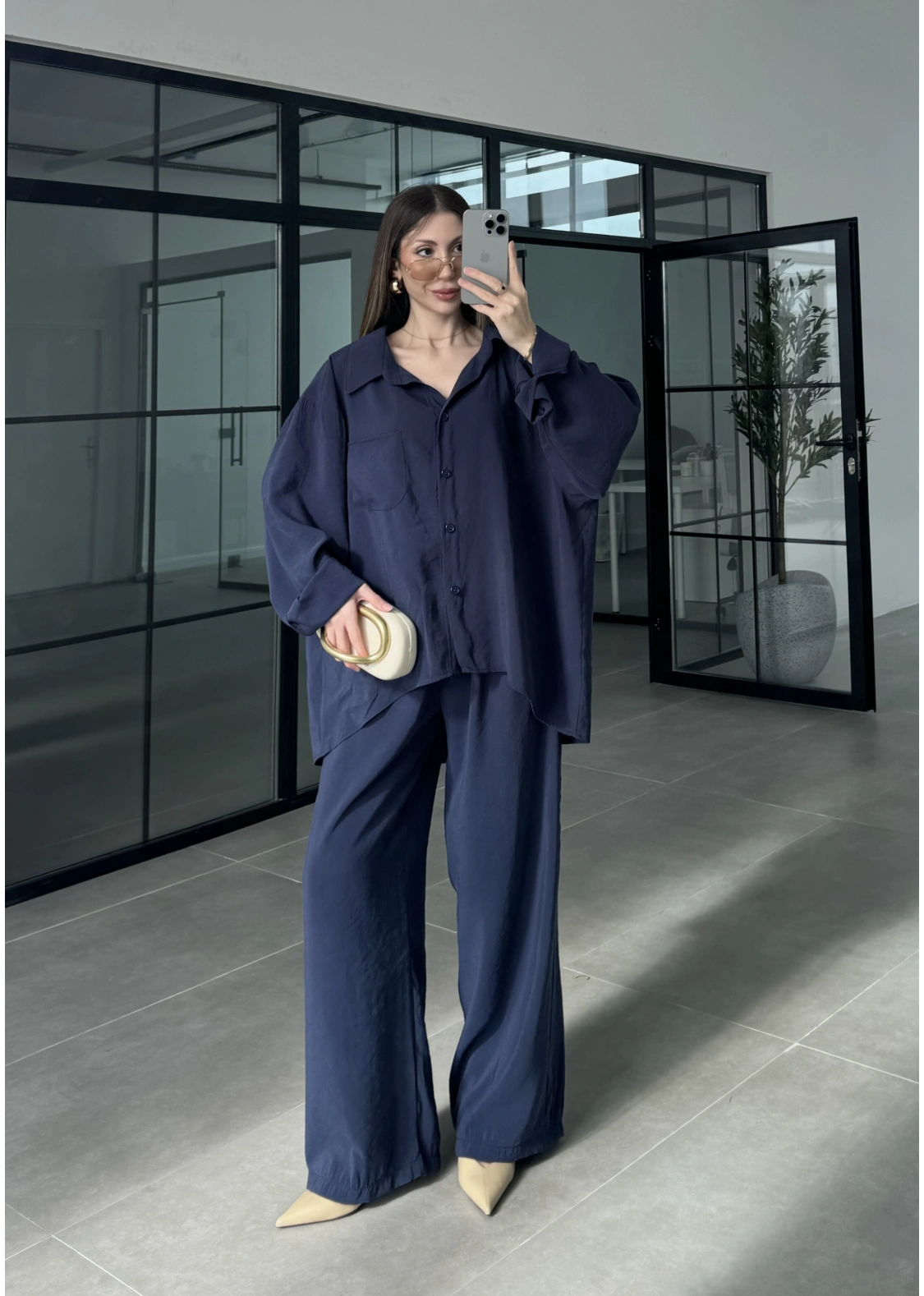 Fav Tensel Kumaş Oversize Lacivert Palazzo Takım