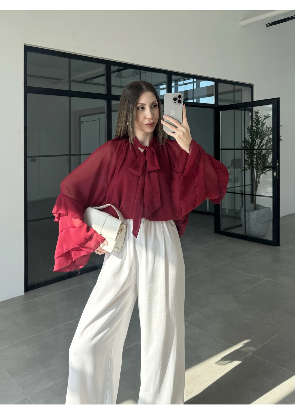 Loya Bağlamalı Bordo Şifon Bluz