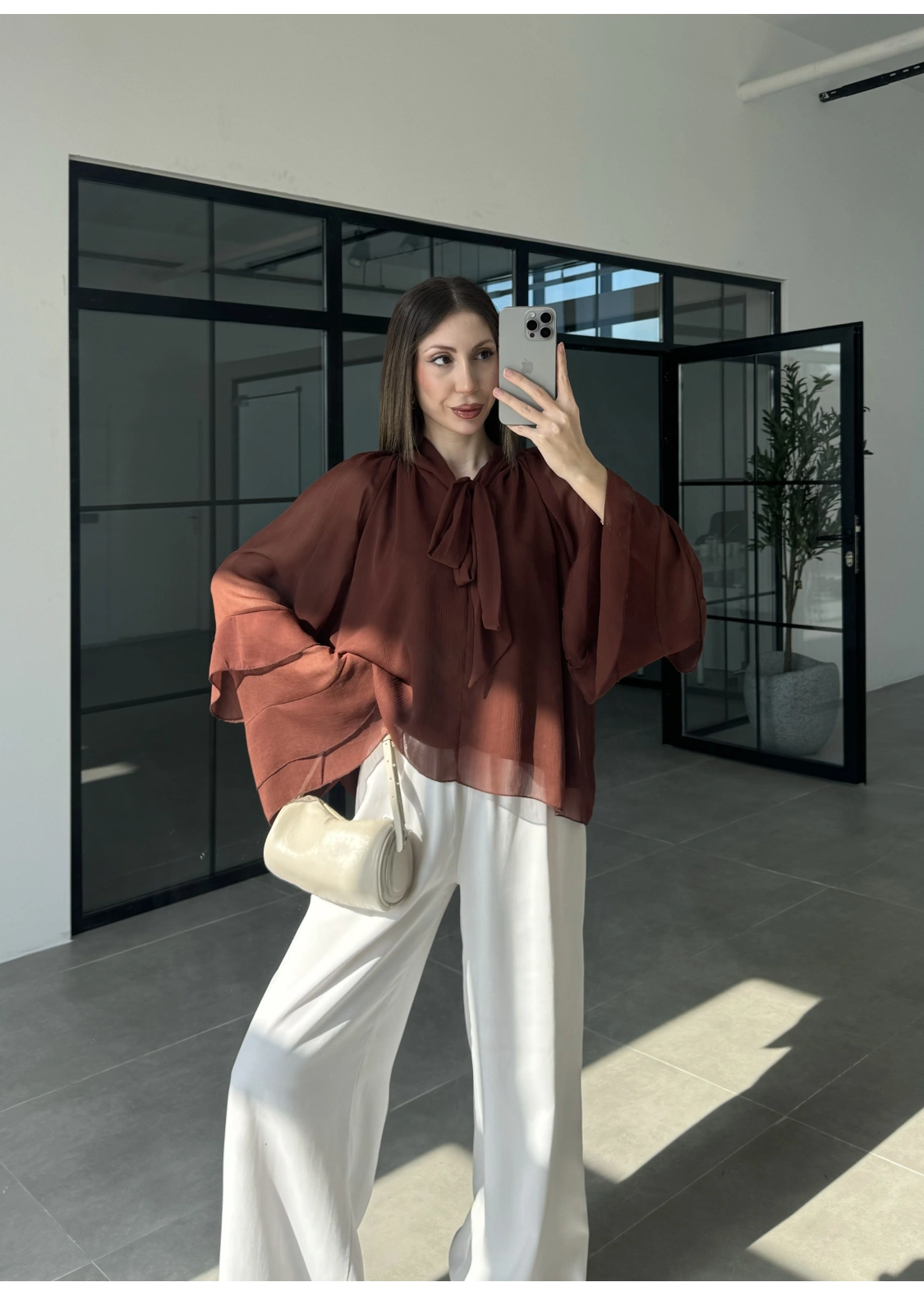 Loya Bağlamalı Kiremit Şifon Bluz