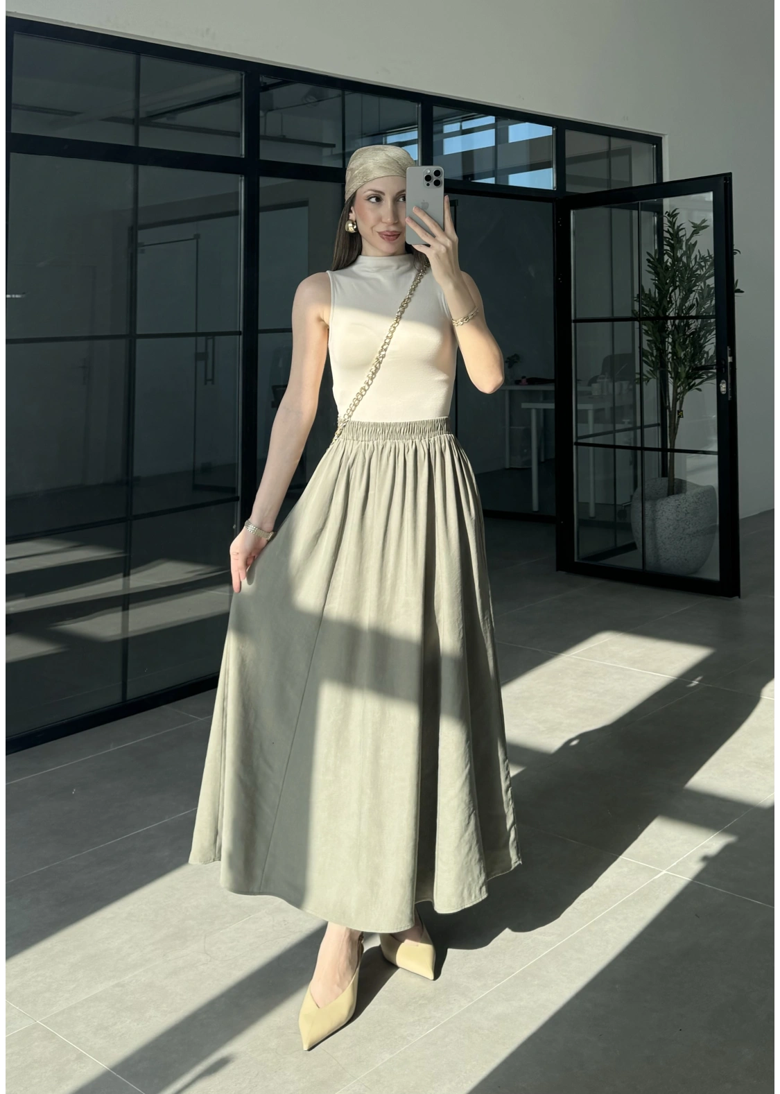 Tensel Beli Lastikli Çağla Yeşili Kilos Etek